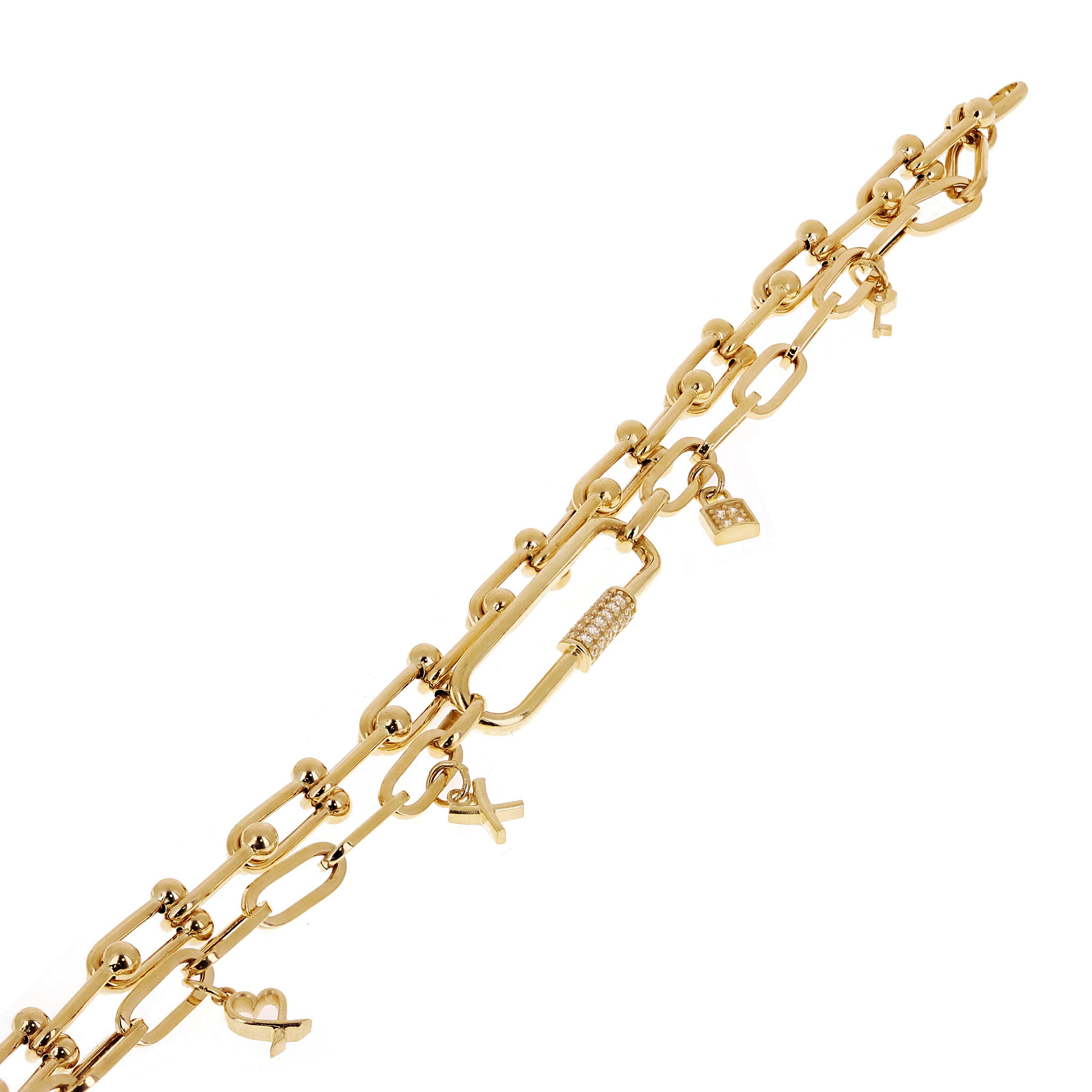 Italian 14k Yellow Gold Double U Shape Hardwear Link Charm Bracelet with CZ 8" - 8" 12.8 grams