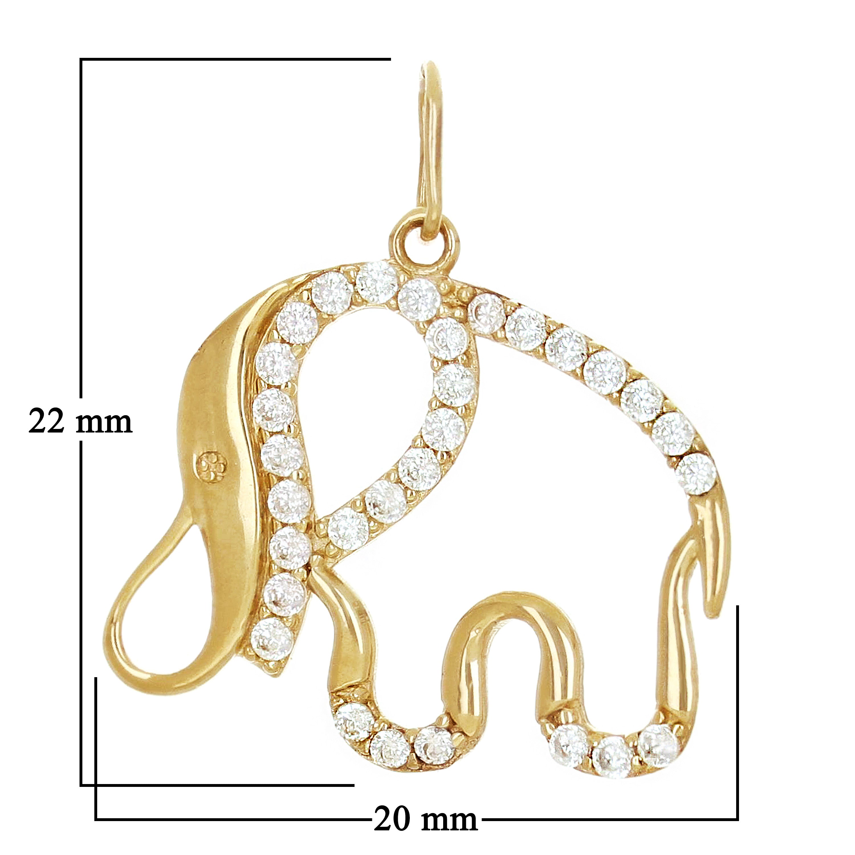 Italian 14k Yellow Gold Cut-Out Elephant Charm Pendant with Cubic Zirconia 1gram