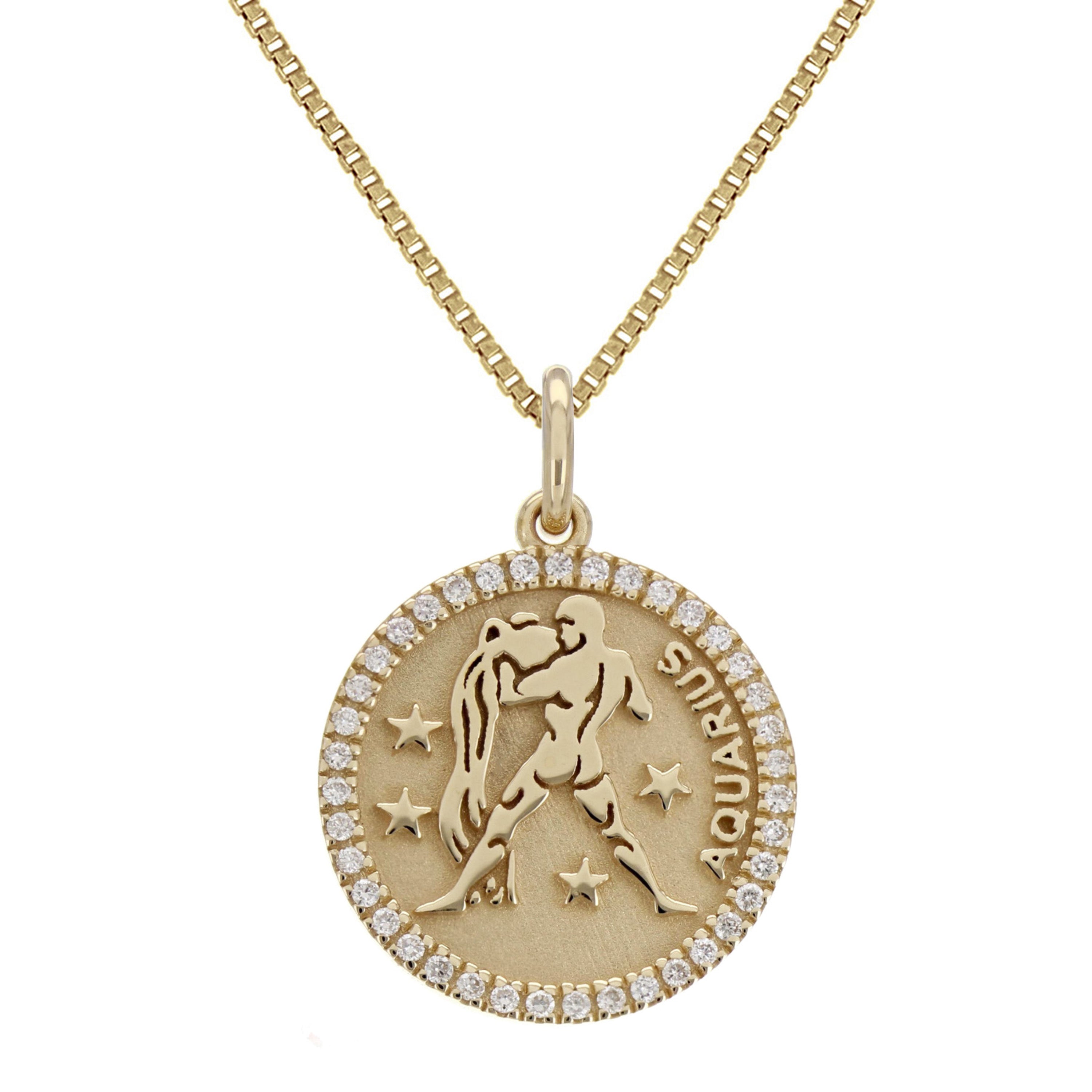 14k Yellow Gold Diamond Zodiac Sign Aquarius Pendant Necklace 18" - Aquarius,Yellow