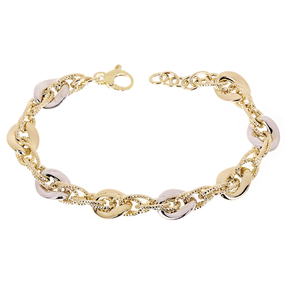 Italian 14k Yellow & White Gold Hollow Fancy Link Charm Bracelet 8.5