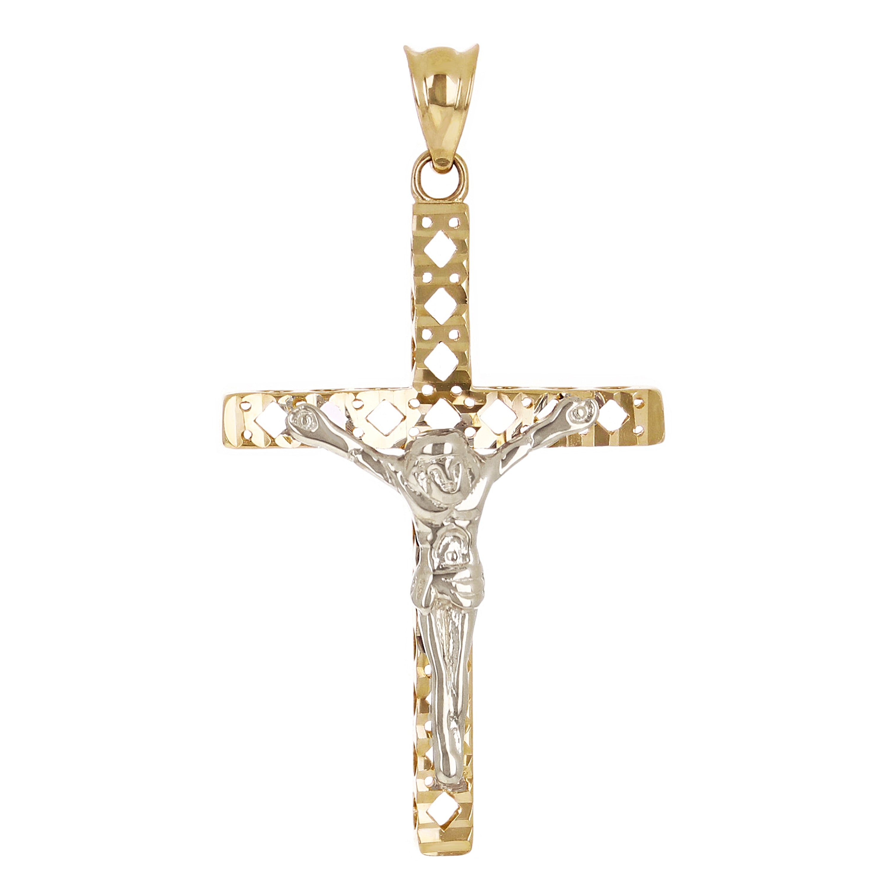Italian 14k Two Tone Gold 3D Double Sided Crucifix Cross Charm Pendant 1.4" 2.2g