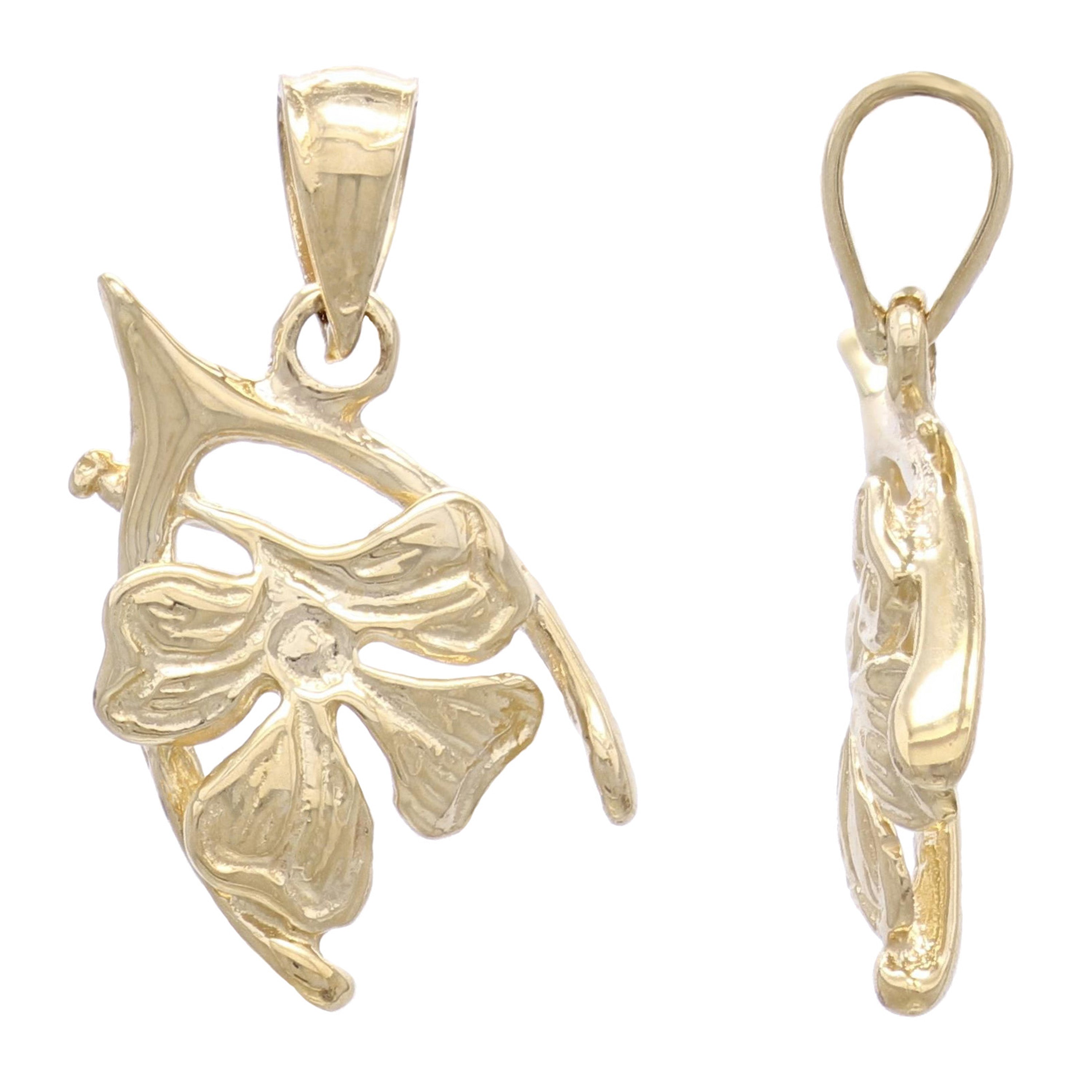14k Yellow Gold Wish Bone with Clover Lucky Pendant - Yellow