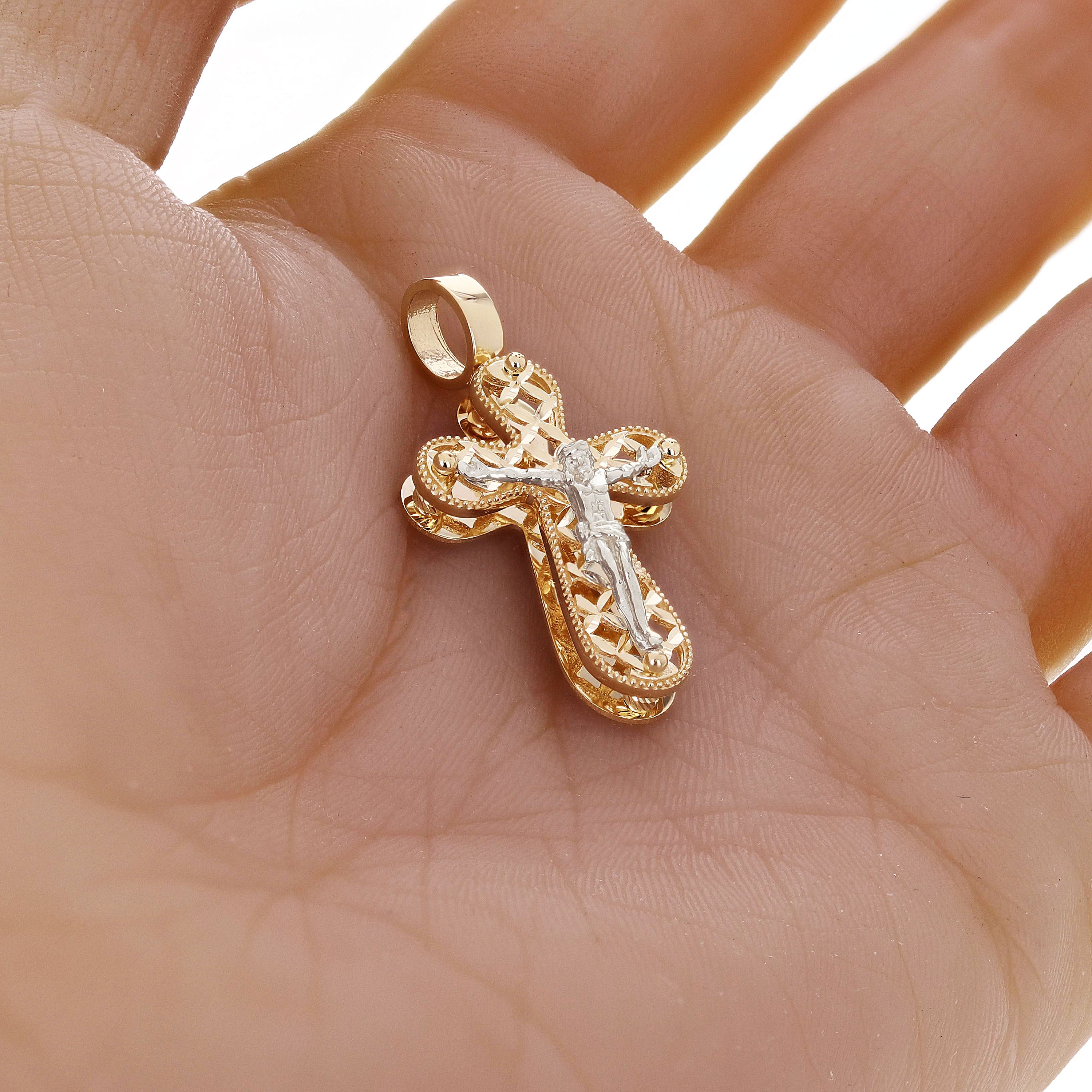 Italian 14k Two-Tone Gold 3D Double Sided Crucifix Cross Charm Pendant 1.4" 4.5g