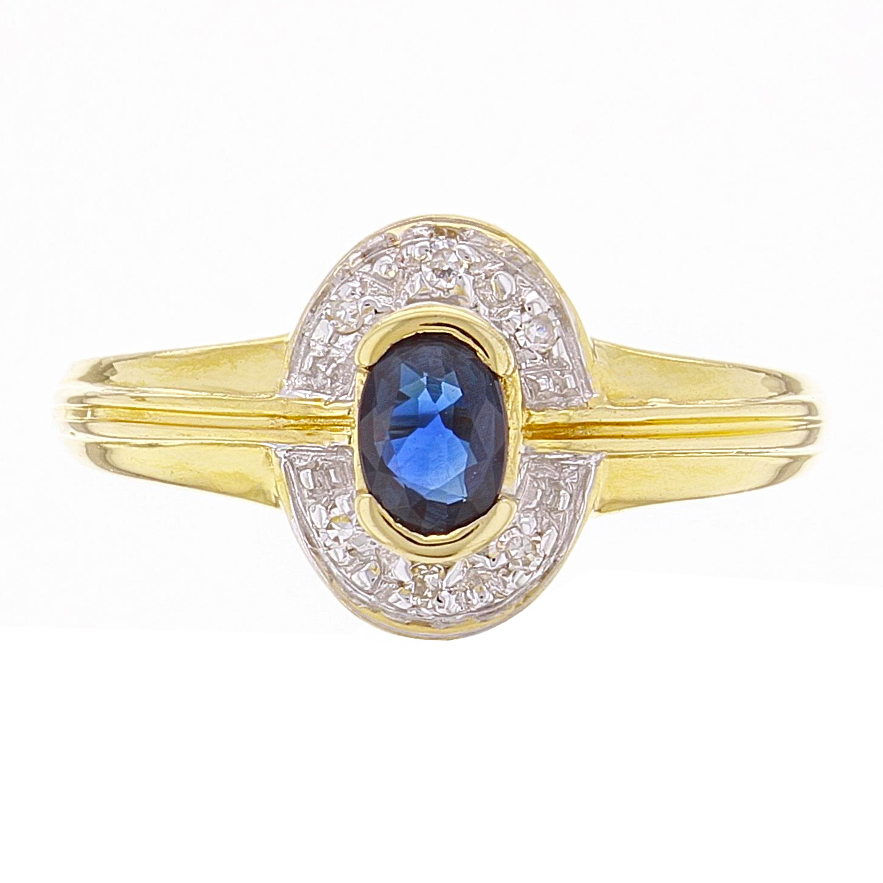 14k Yellow Gold Oval Sapphire & Diamond Accent Modern Ring Size 7