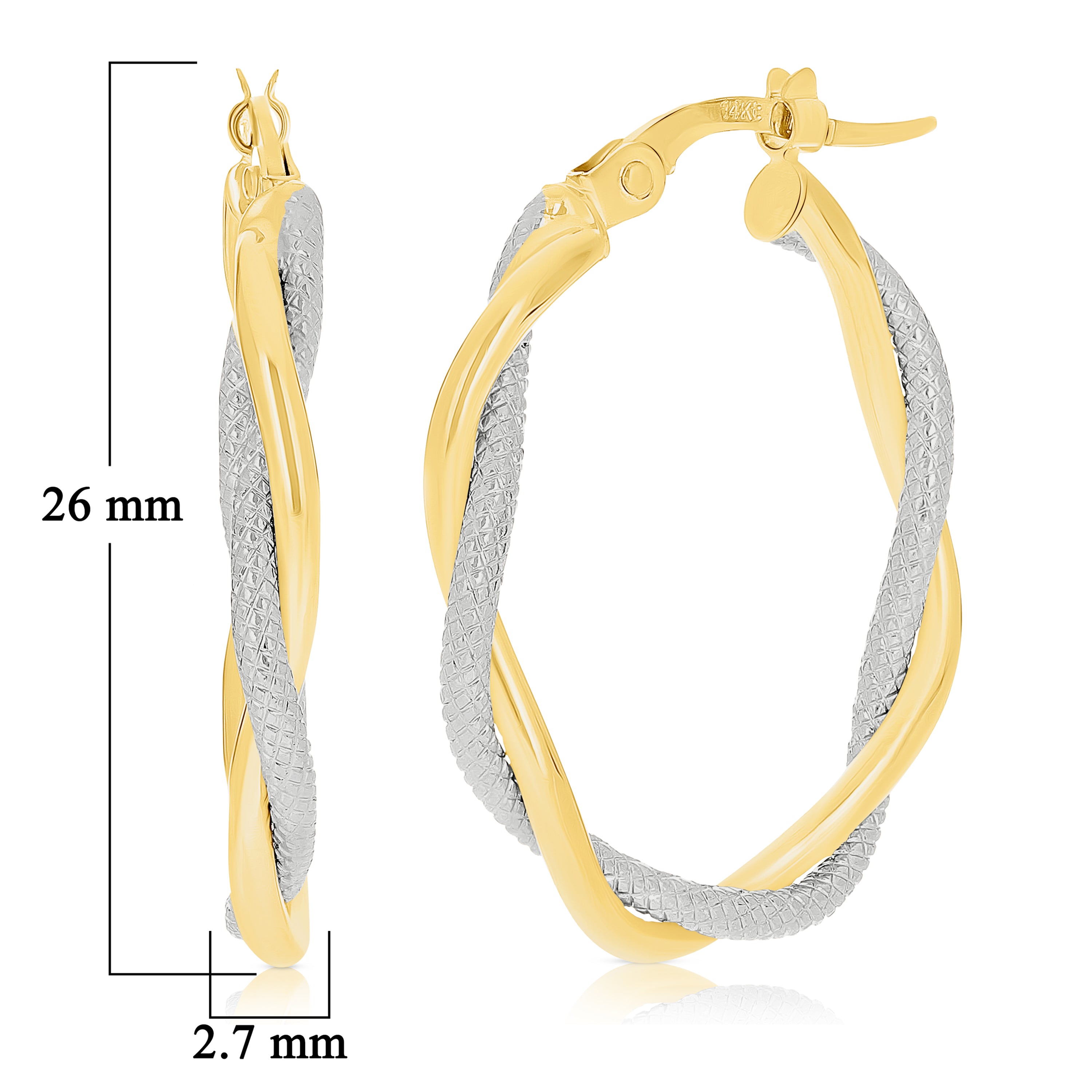 Italian 14k Yellow & White Gold Lattice Shine Twisted Hollow Oval Hoop Earrings