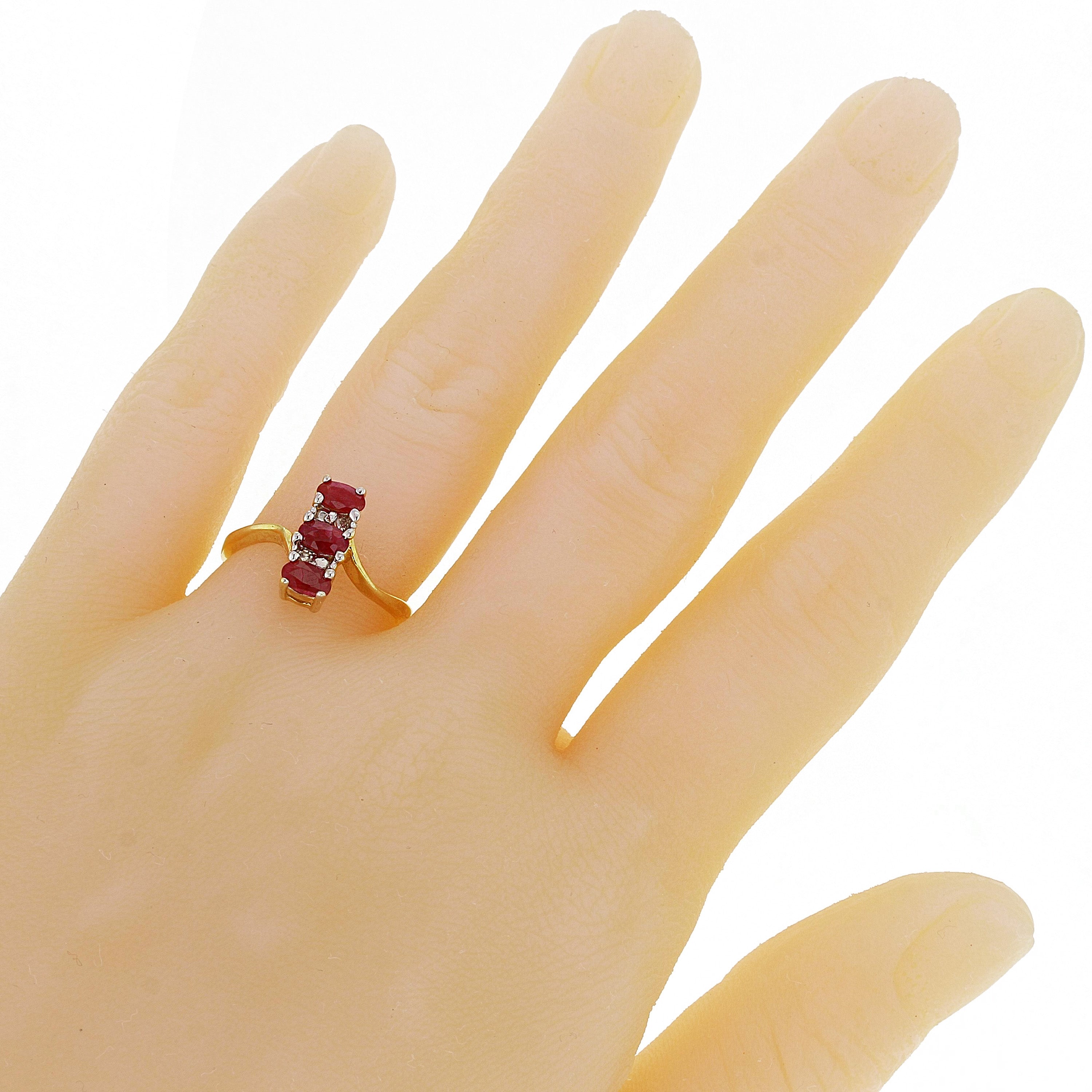 14k Yellow Gold Three Stone Ruby & Diamond Accent Ring Size 6