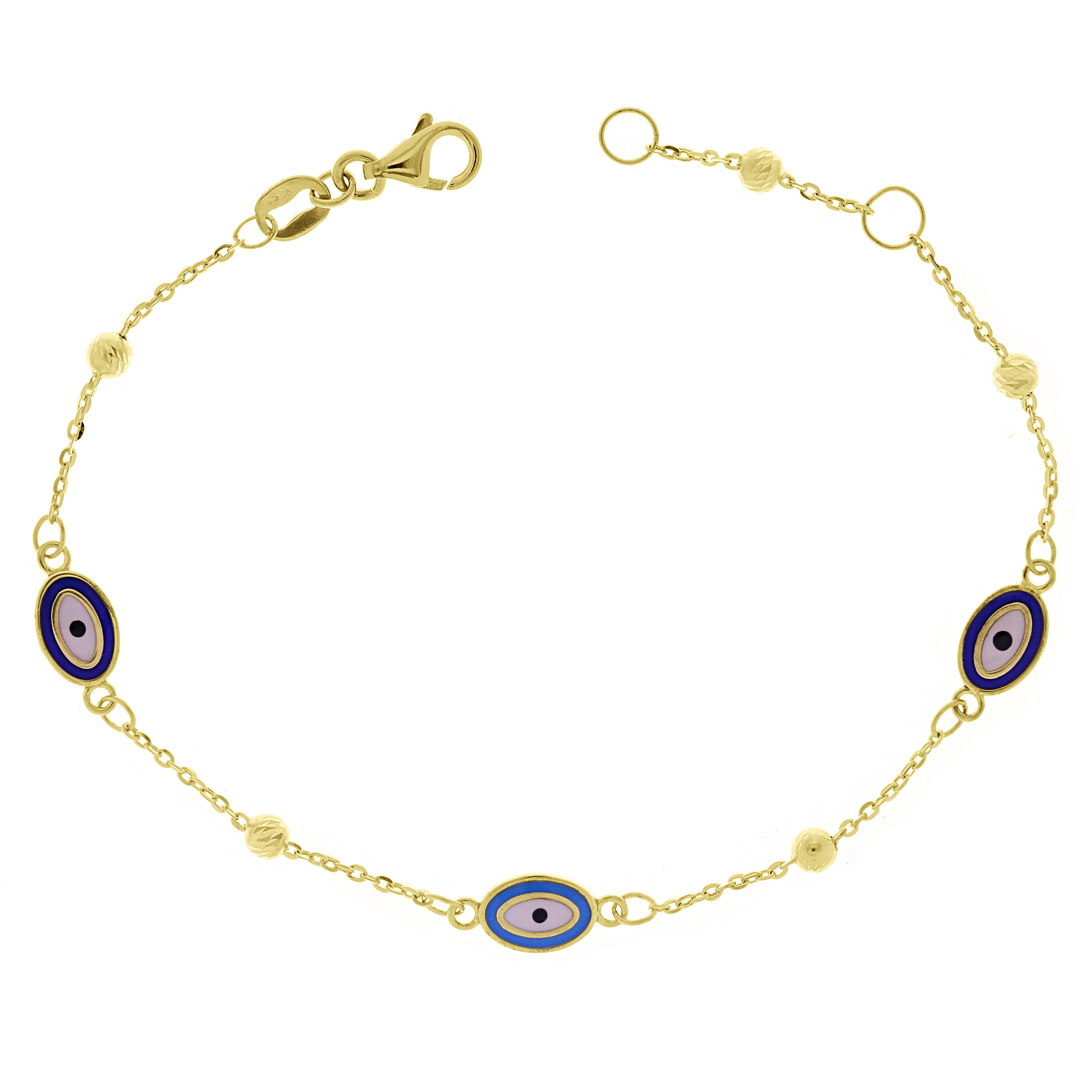 Italian 14k Yellow Gold Enamel Evil Eye Station Bracelet 7" 2.2 grams - 3 Oval Dark and Light Eyes
