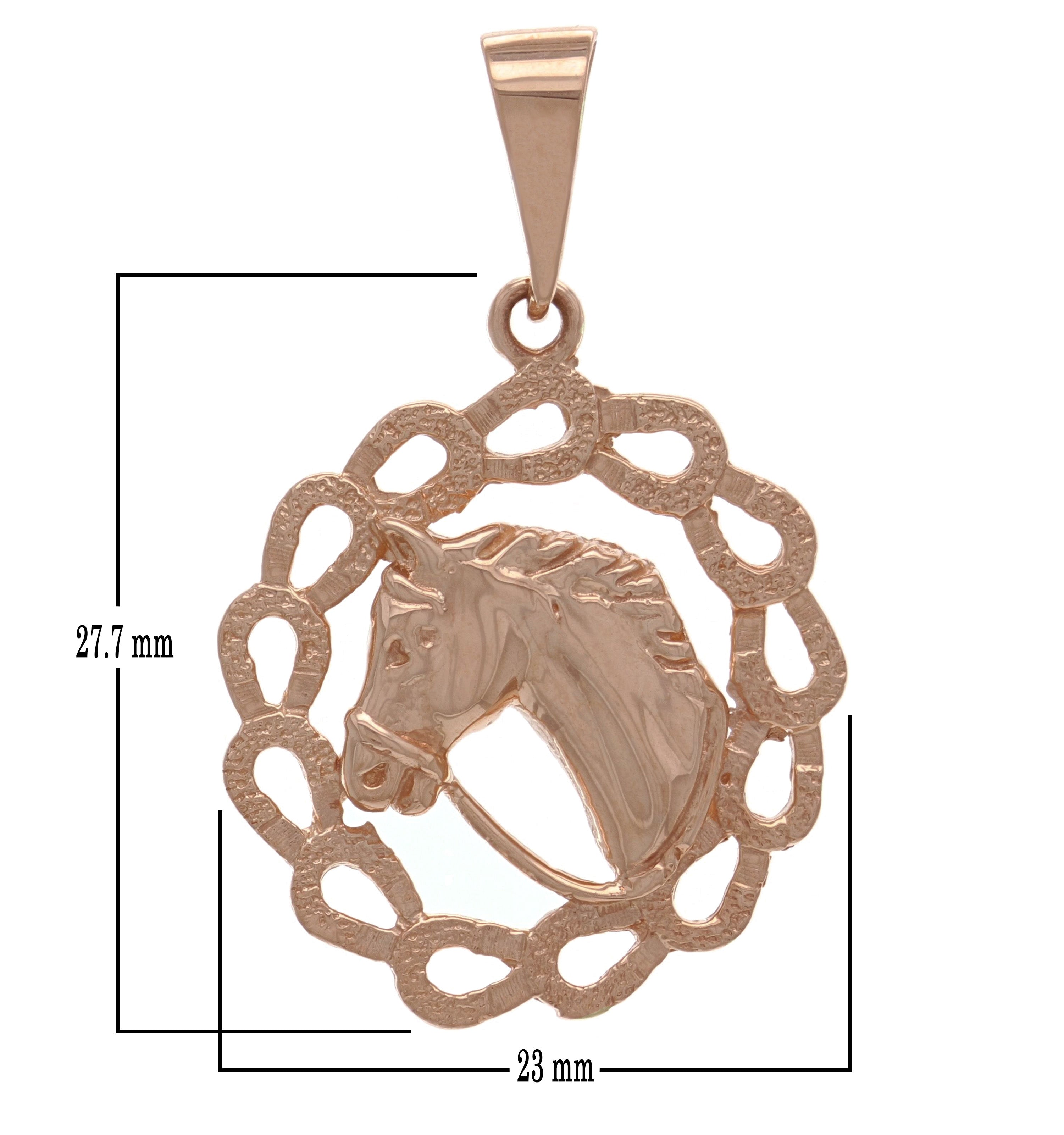 14k Yellow White or Rose Gold Solid Horse Shoe Horse Face Charm Round Pendant 4.4 grams