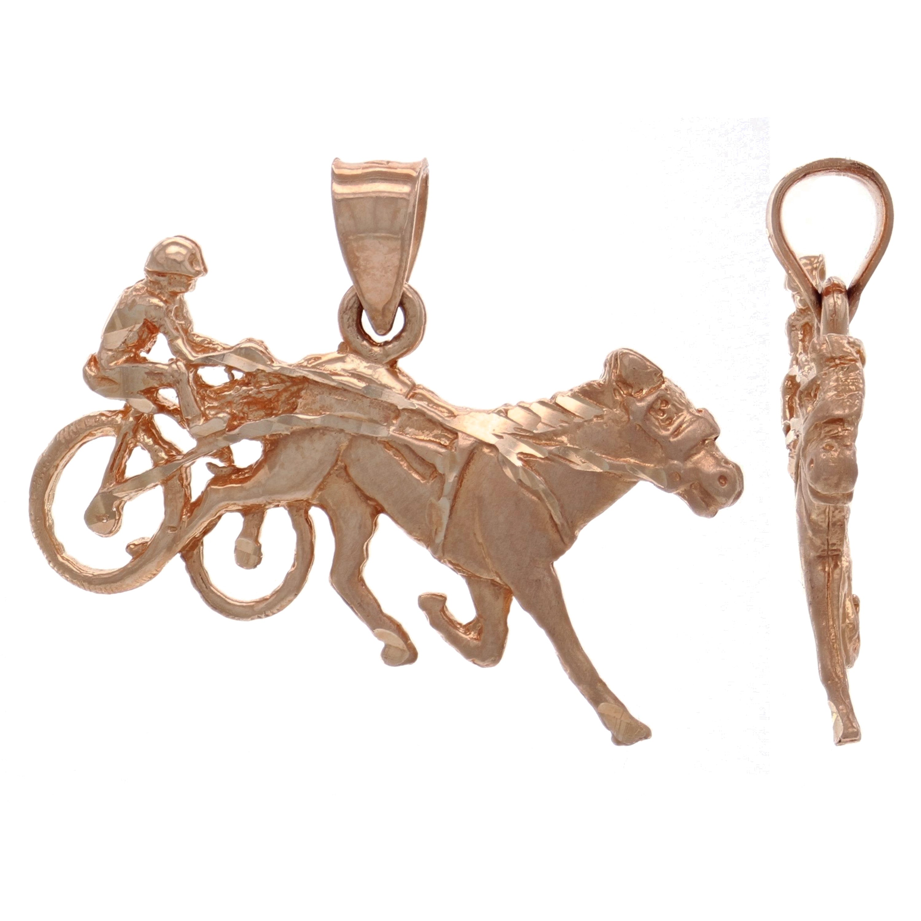 14k Yellow White or Rose Gold Harness Racing Race Horse Sulky Jockey Charm Pendant