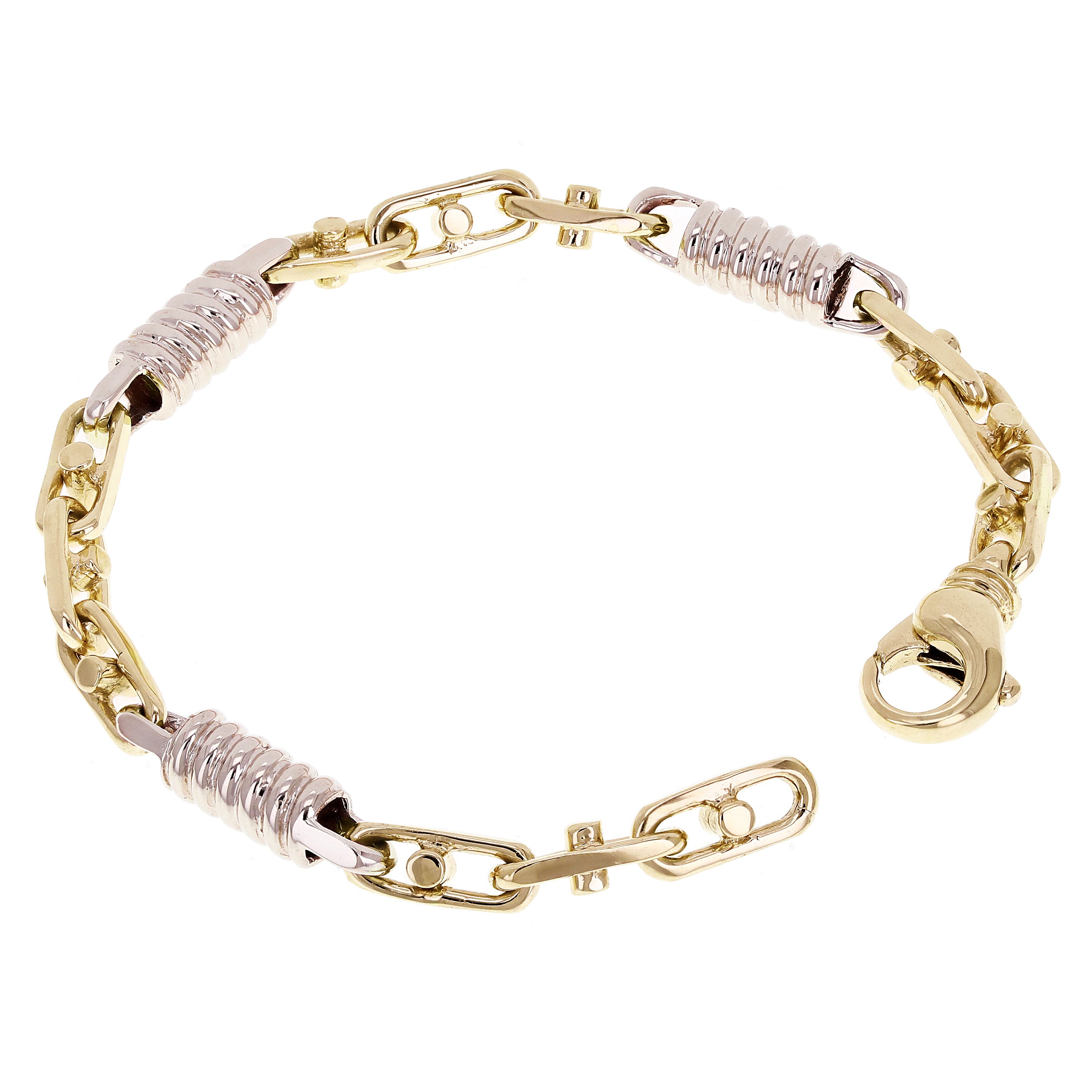 10k Yellow & White Gold Handmade Spring Barrel Link Bracelet 7" - 9" 7mm