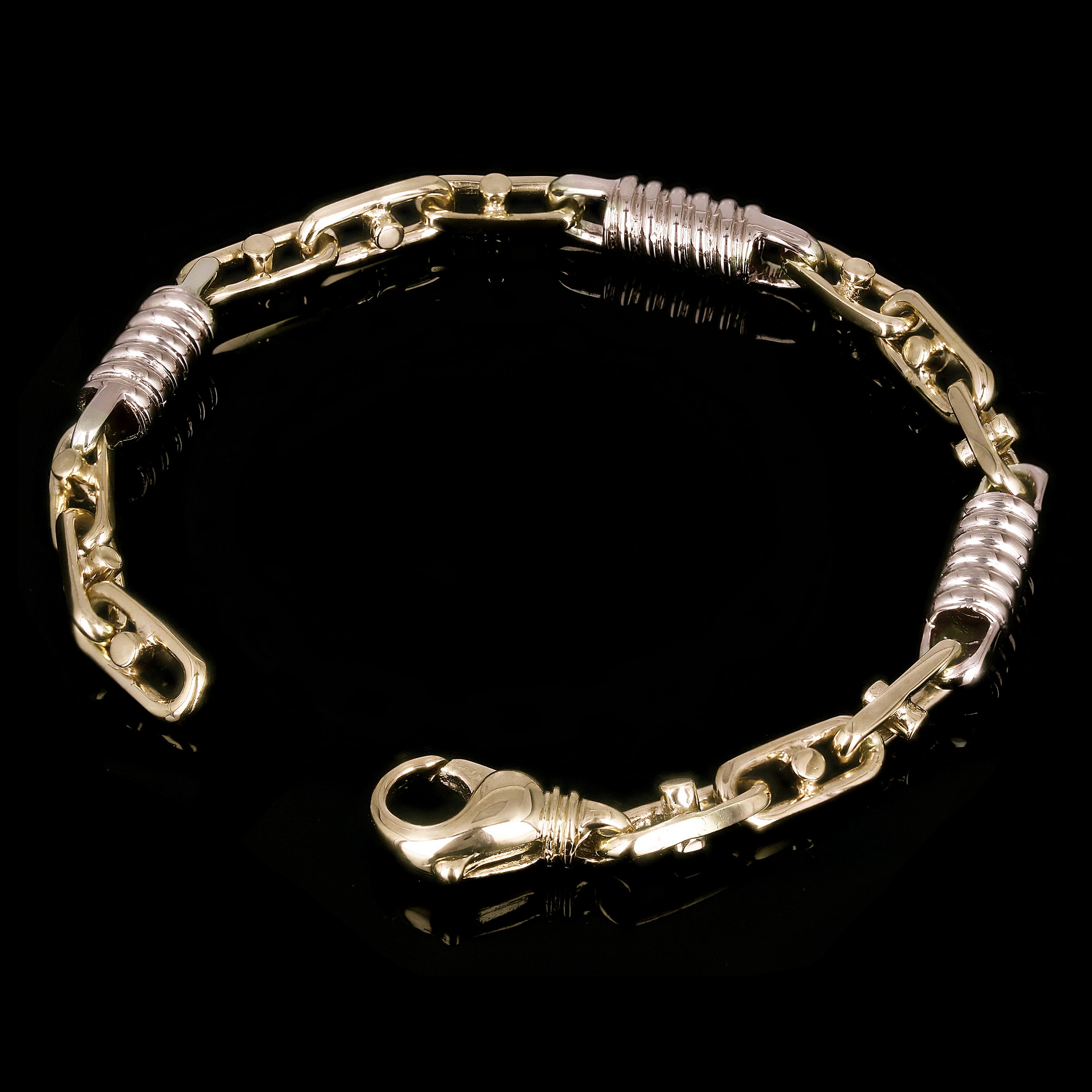 14k Yellow &amp; White Gold Handmade Spring Barrel Link Bracelet 7" - 9" 7mm