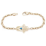 14k Yellow White or Rose Gold Hamsa Hand of Fatima Charm Bracelet with Turquoise 7.5" - 8.5"