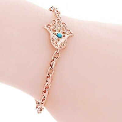 14k Yellow White or Rose Gold Hamsa Hand of Fatima Charm Bracelet with Turquoise 7.5" - 8.5"