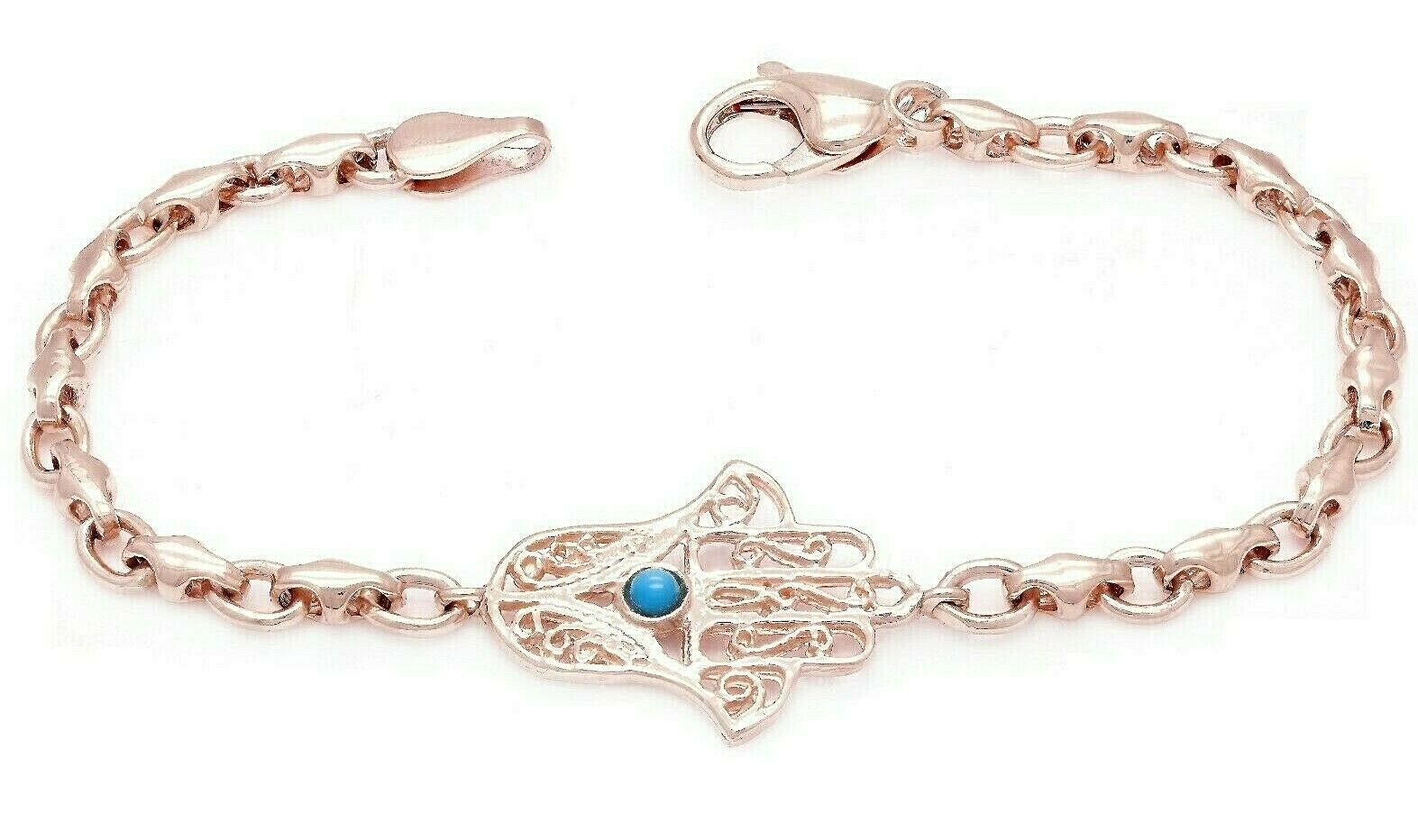 14k Yellow White or Rose Gold Hamsa Hand of Fatima Charm Bracelet with Turquoise 7.5" - 8.5"