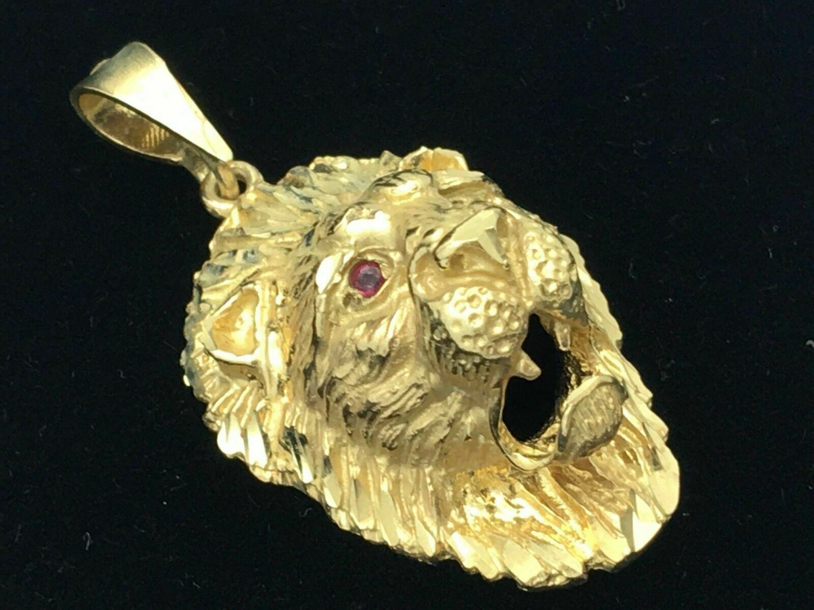 10k Yellow Gold Diamond Cut Lion Head Charm Pendant with Ruby Eyes 9.2 grams