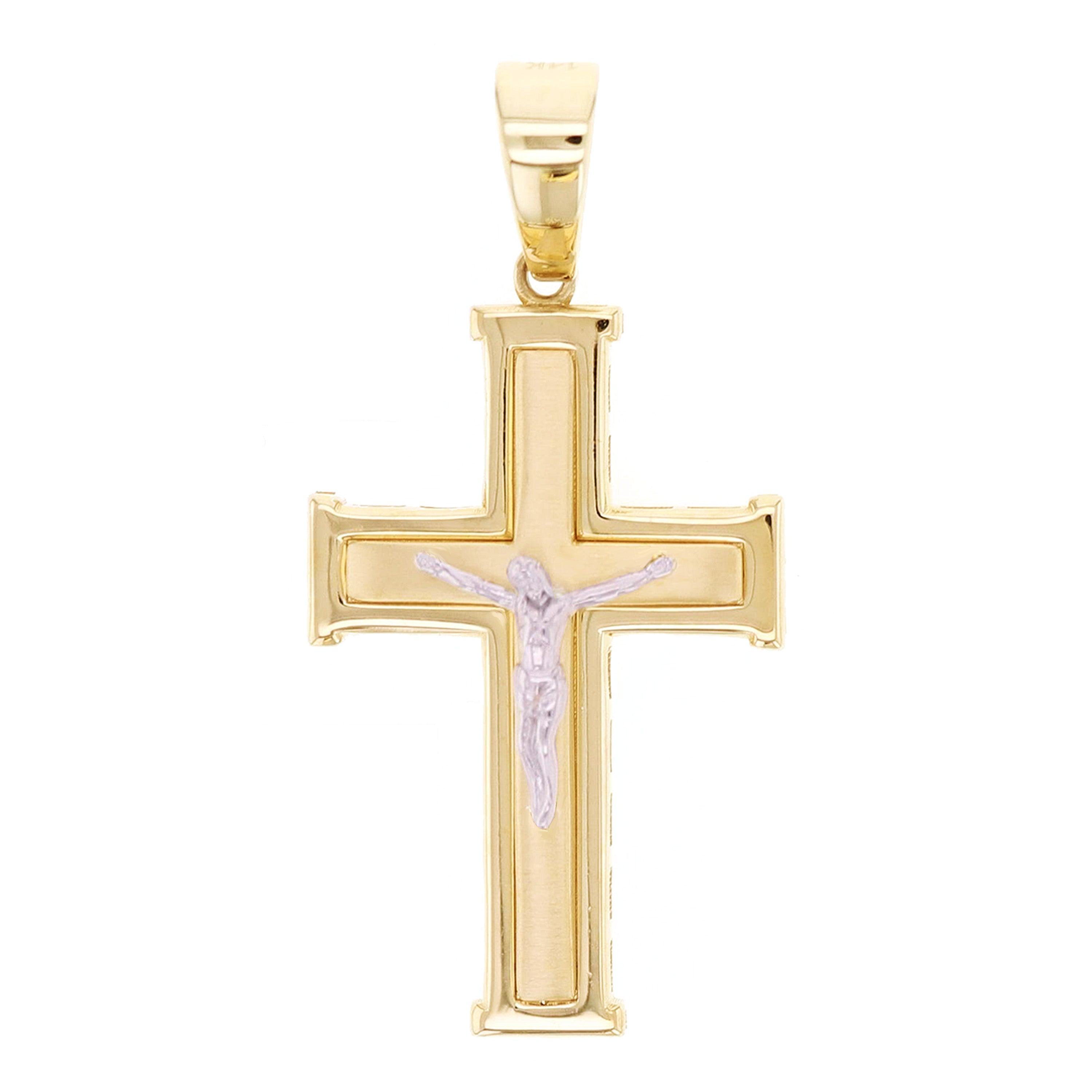 Italian 14k Two-Tone Gold 3D Double Sided Crucifix Cross Charm Pendant 1.7" 3.3 grams