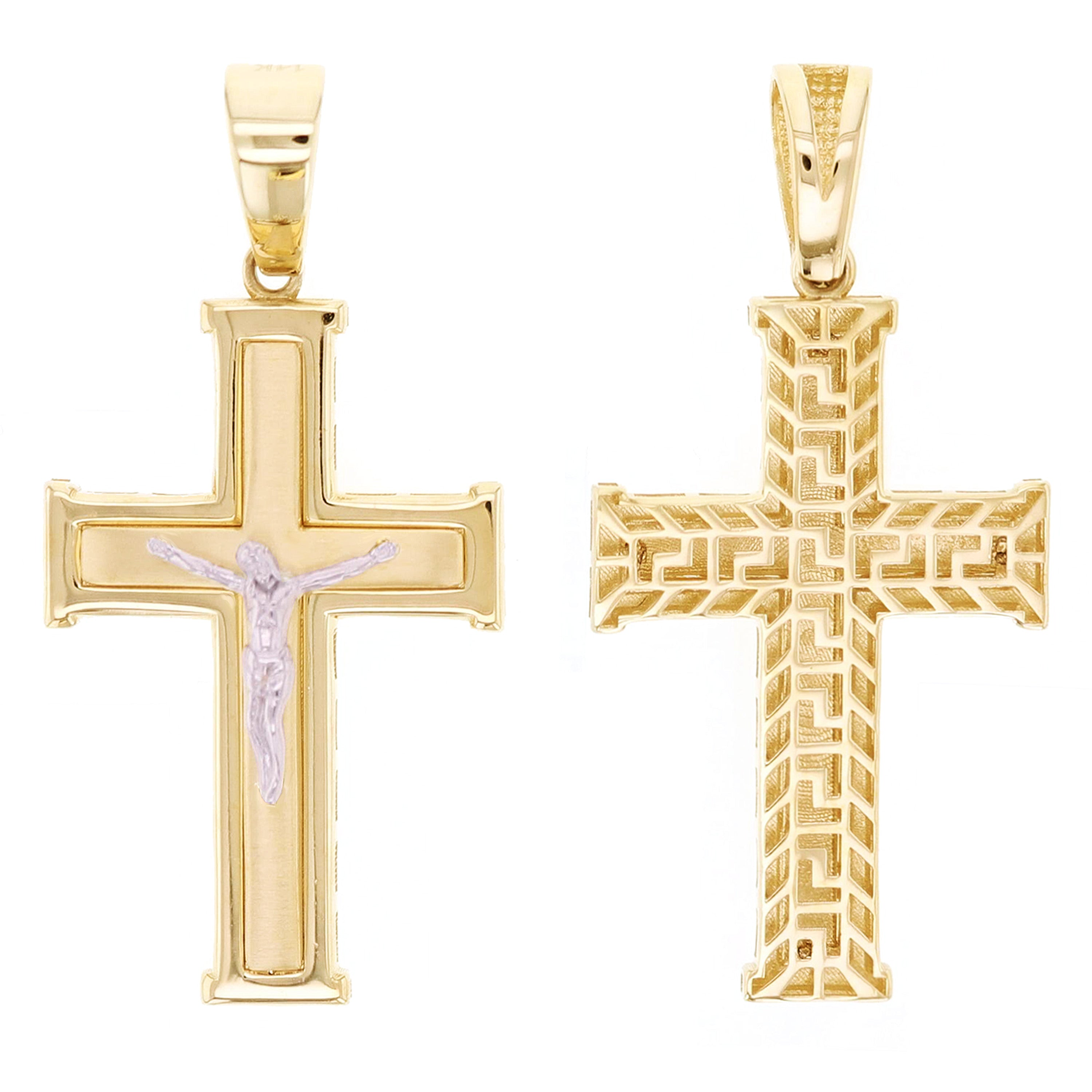 Italian 14k Two-Tone Gold 3D Double Sided Crucifix Cross Charm Pendant 1.7" 3.3 grams