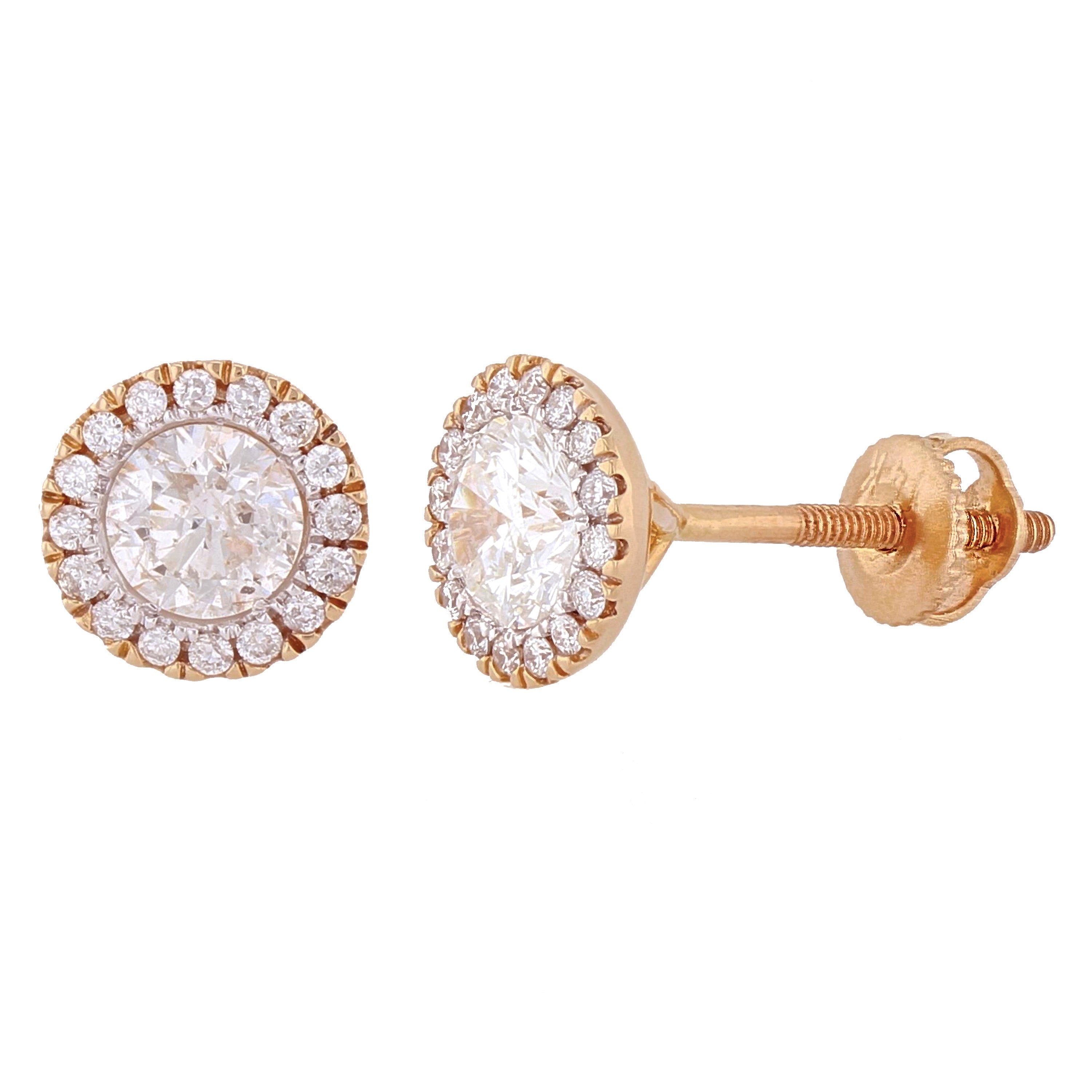14k Yellow White or Rose Gold Round Diamond Halo Stud Earrings IGI CERTIFIED