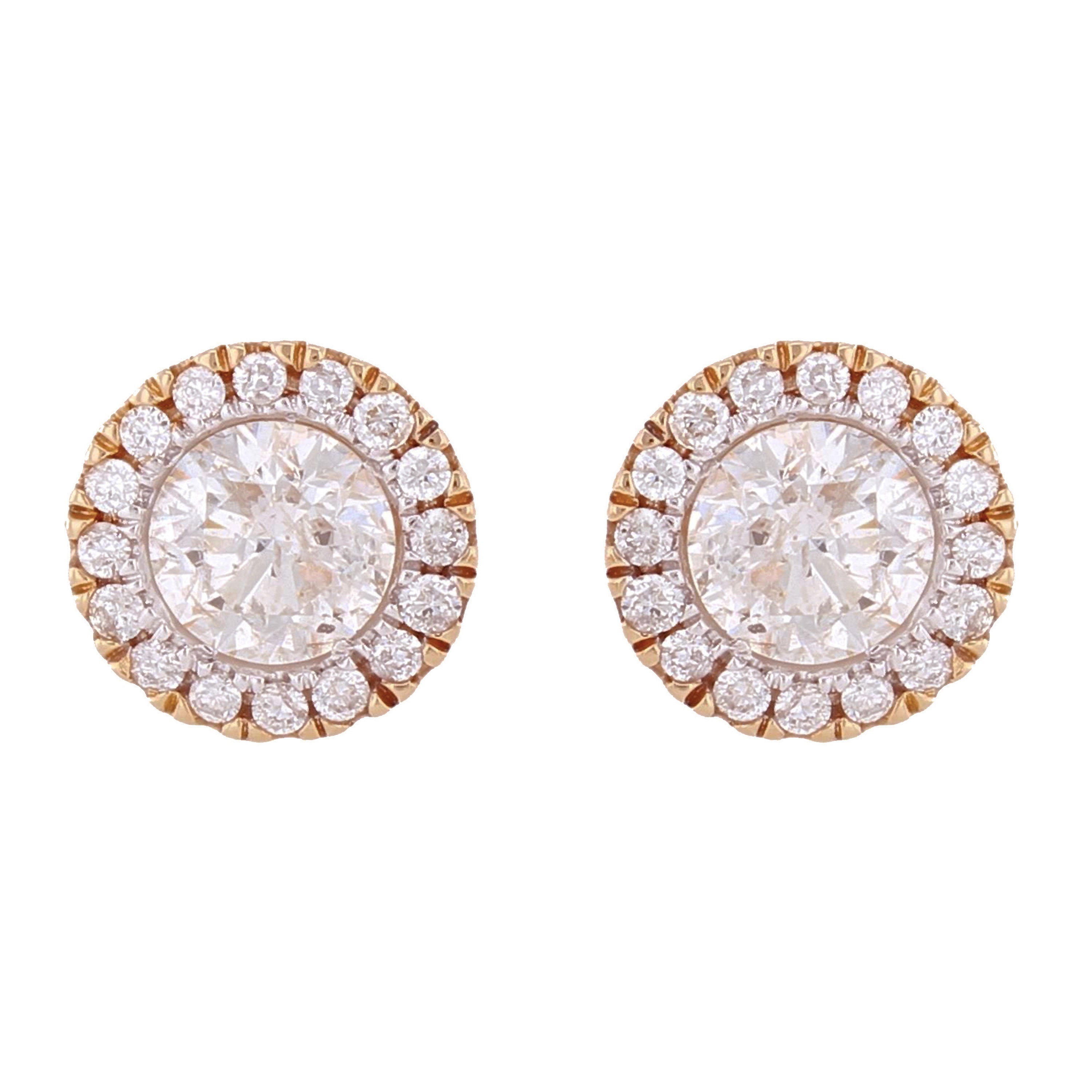 14k Yellow White or Rose Gold Round Diamond Halo Stud Earrings IGI CERTIFIED
