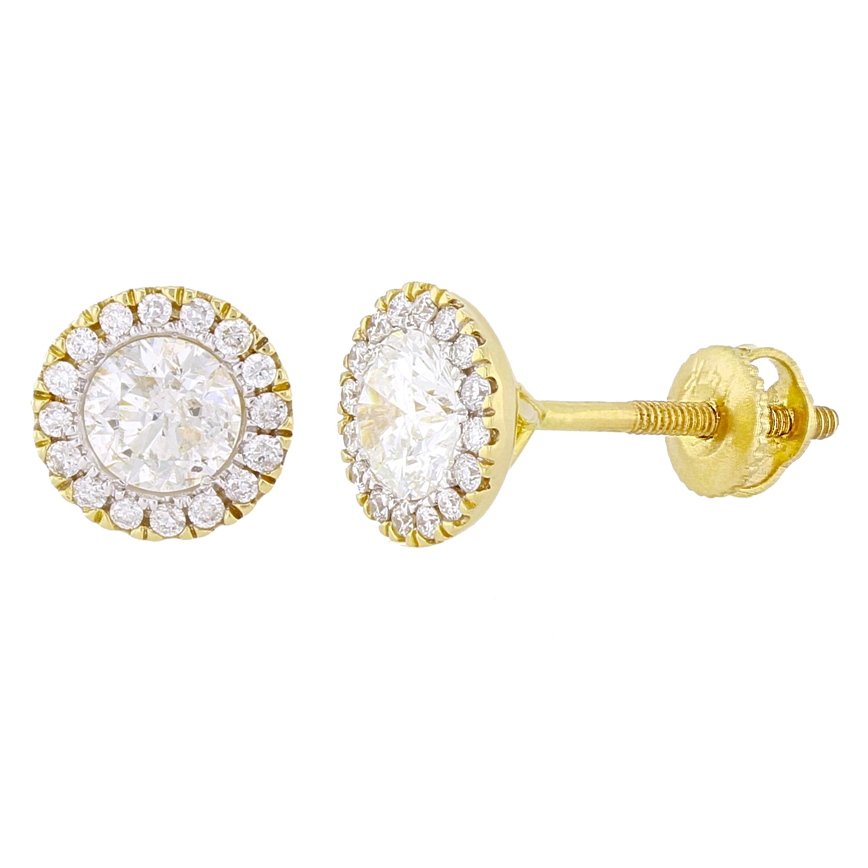 14k Yellow White or Rose Gold Round Diamond Halo Stud Earrings IGI CERTIFIED