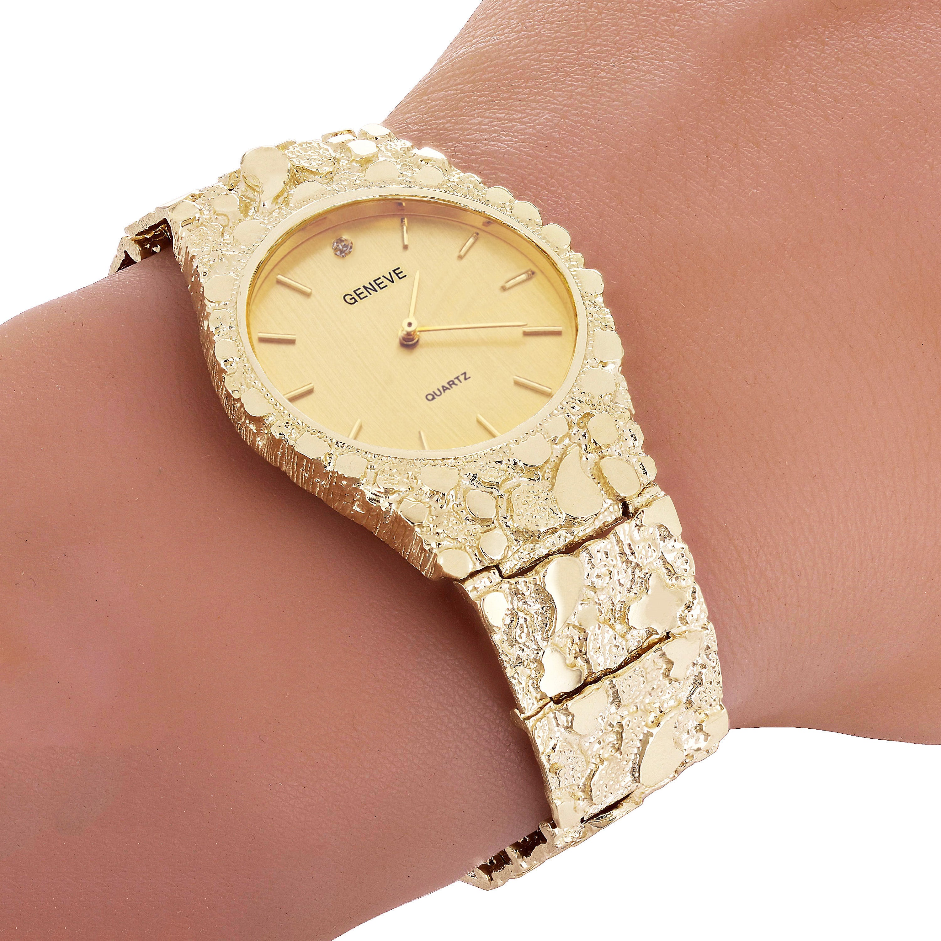 14k Yellow Gold Nugget Link Geneve Wrist Watch Straight Band Adj. 8.5-9" 85 grams