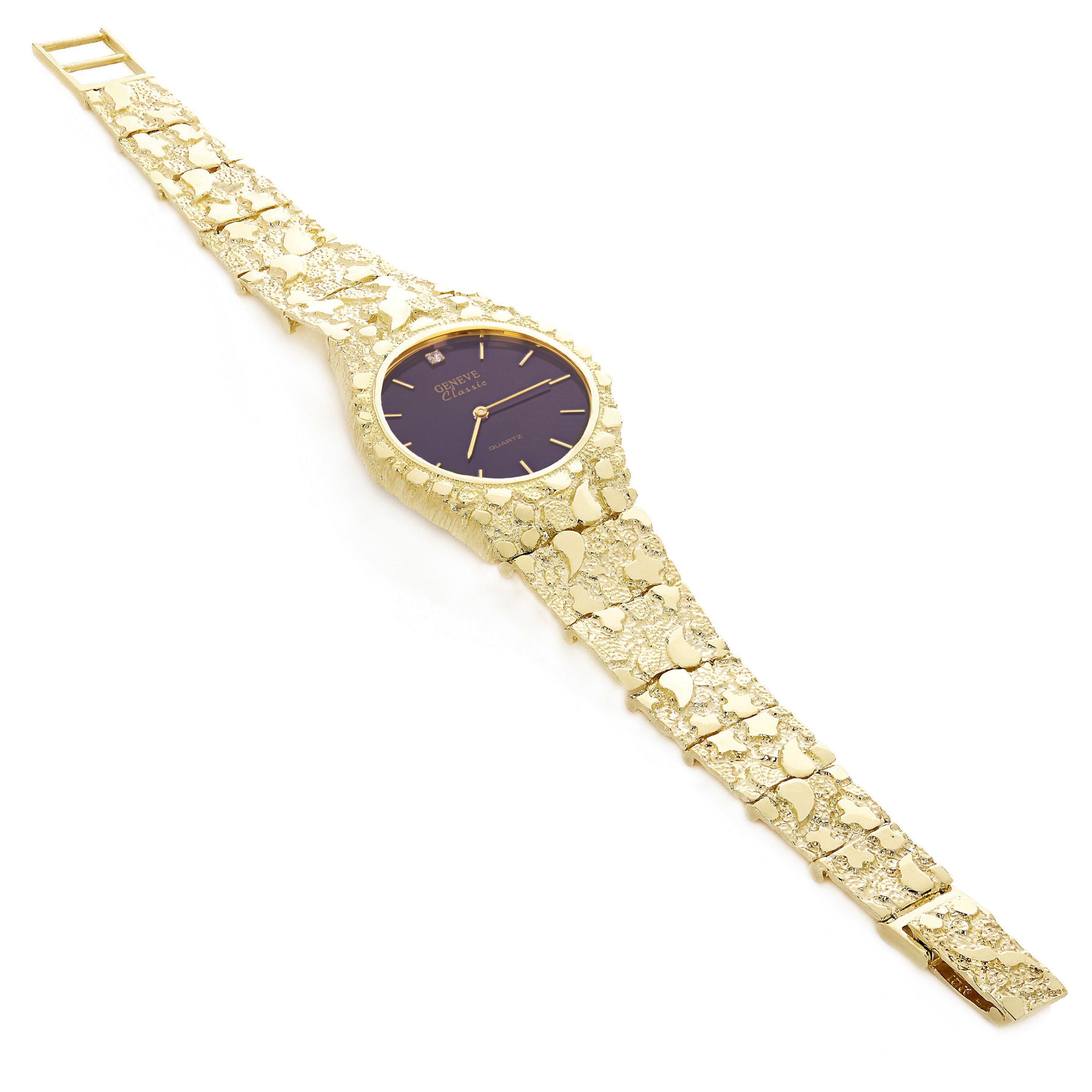 14k Yellow Gold Nugget Link Geneve Diamond Wrist Watch Adjustable 7.5-8" 56 grams