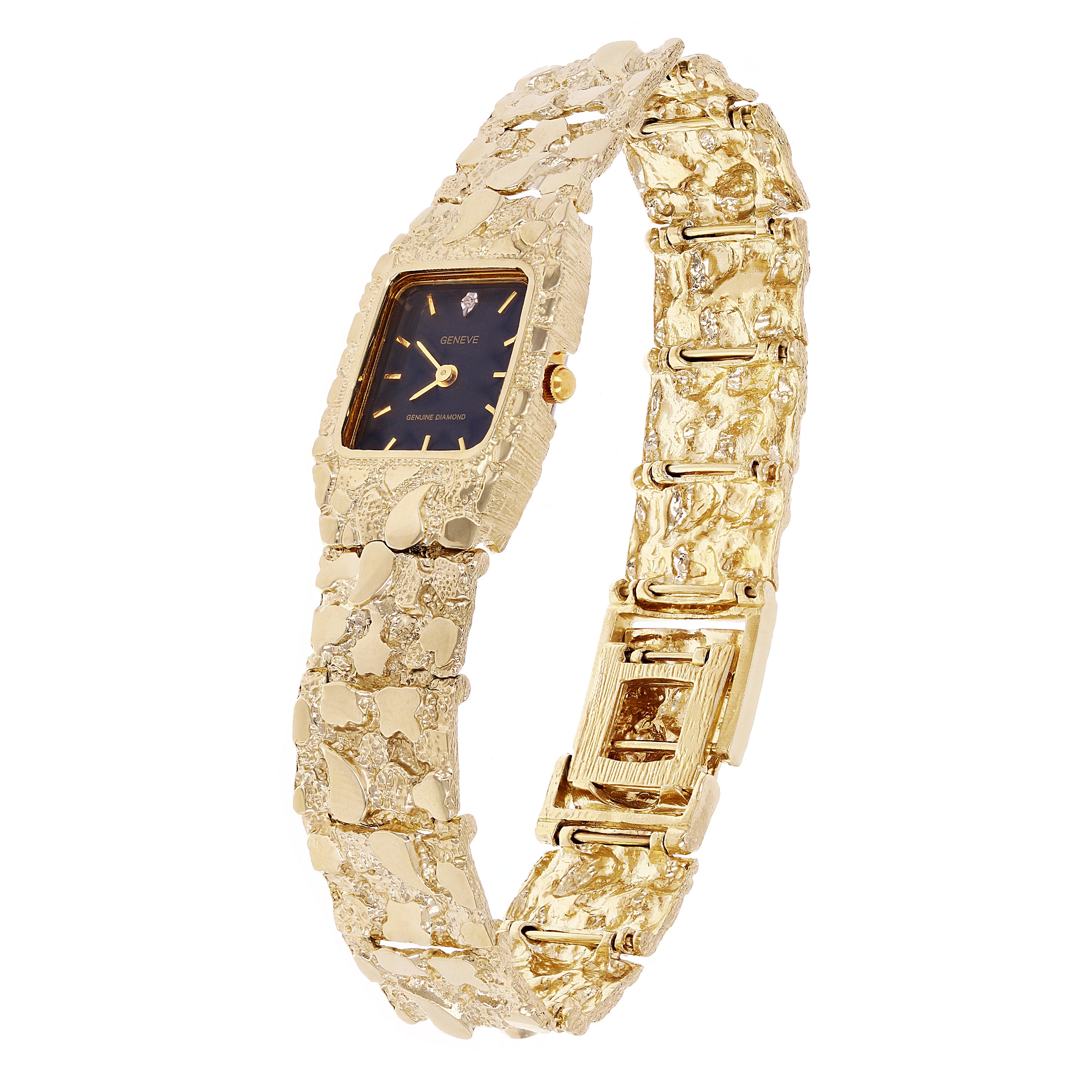14k Yellow Gold Nugget Link Wrist Watch Bracelet Geneve Diamond Watch 7" 45 grams