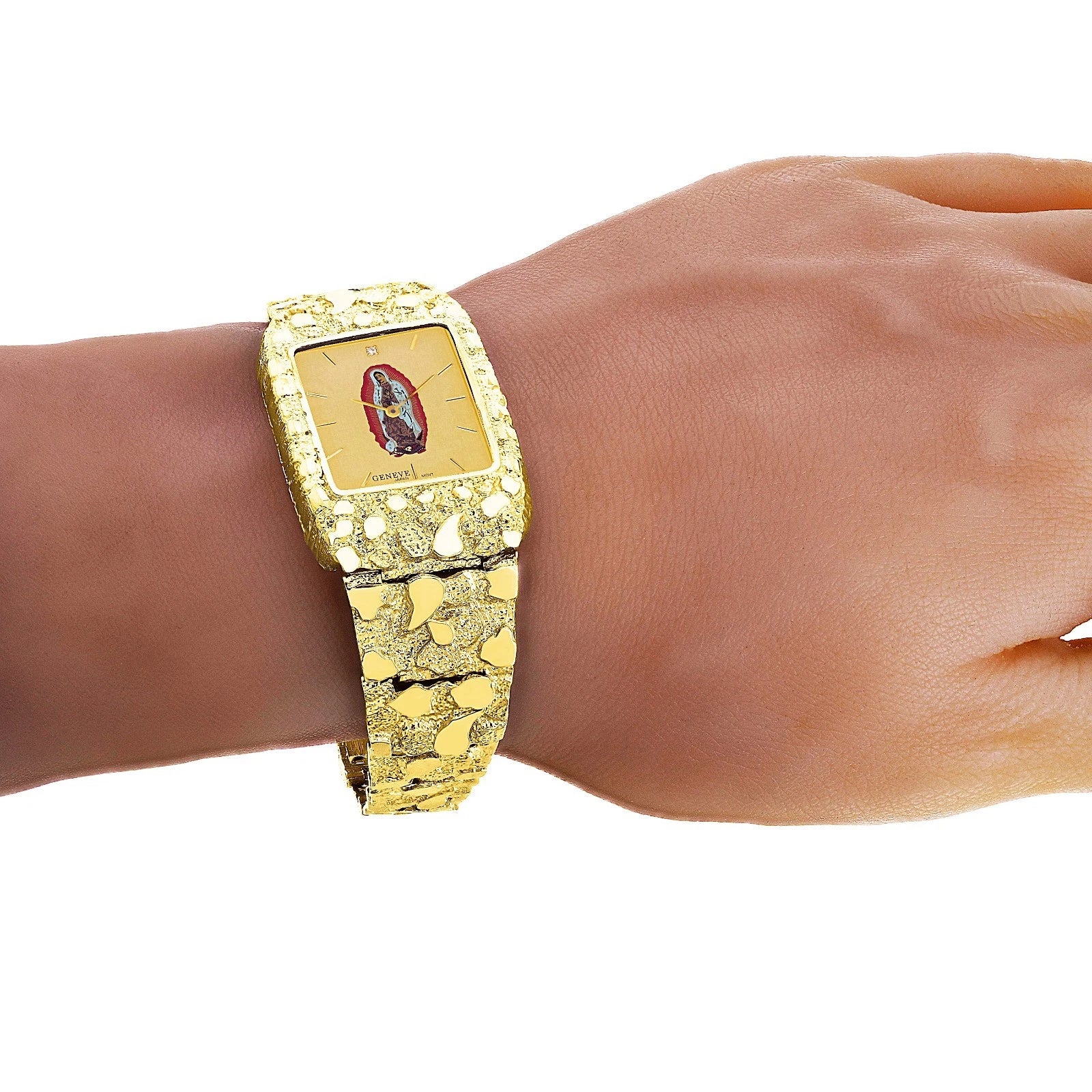 10k Yellow Gold Nugget Watch Link Geneve Guadalupe Diamond Watch 7-7.5" 45 grams