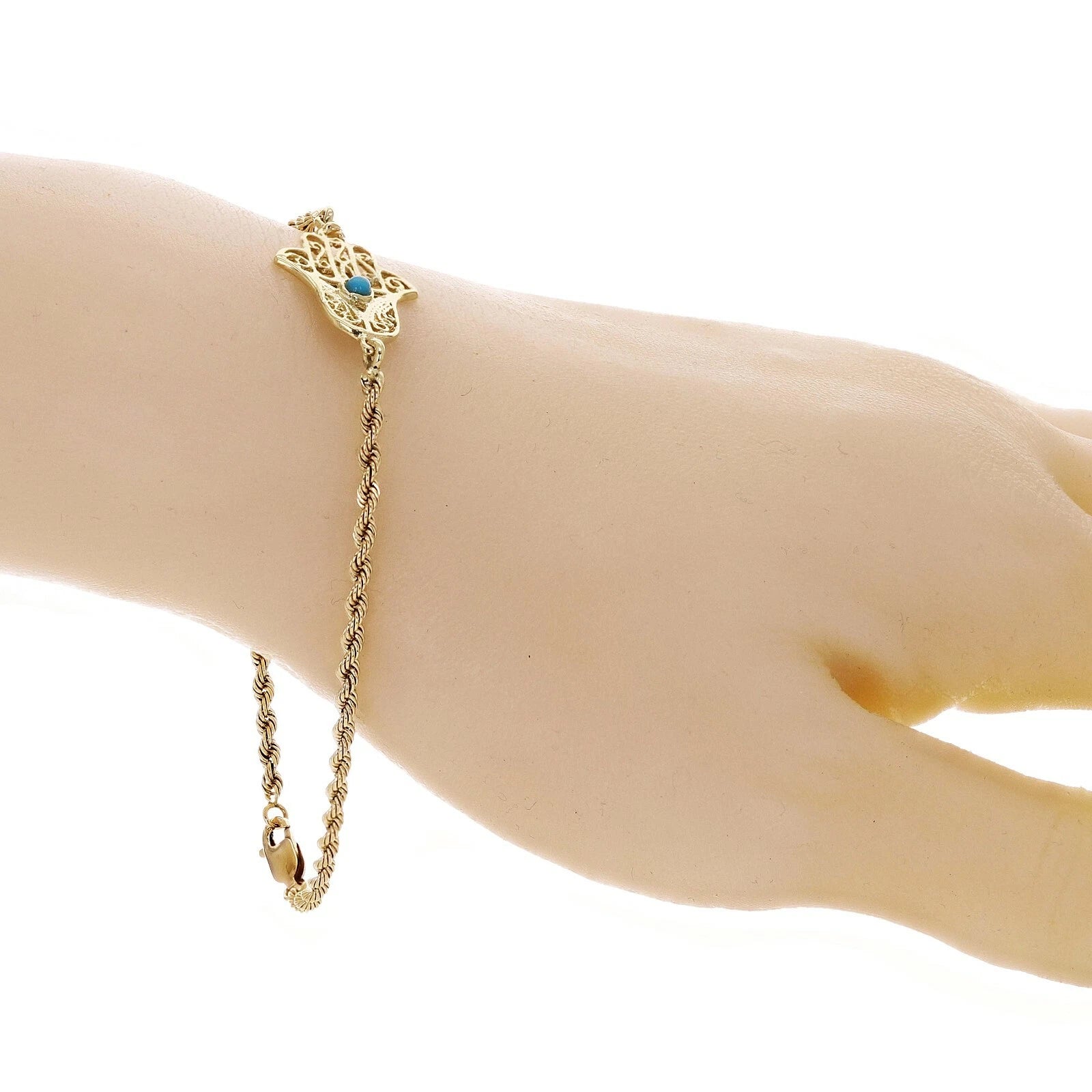 14k Yellow Gold Rope Chain Bracelet with Hamsa Hand of Fatima Charm 8" 5.4 grams
