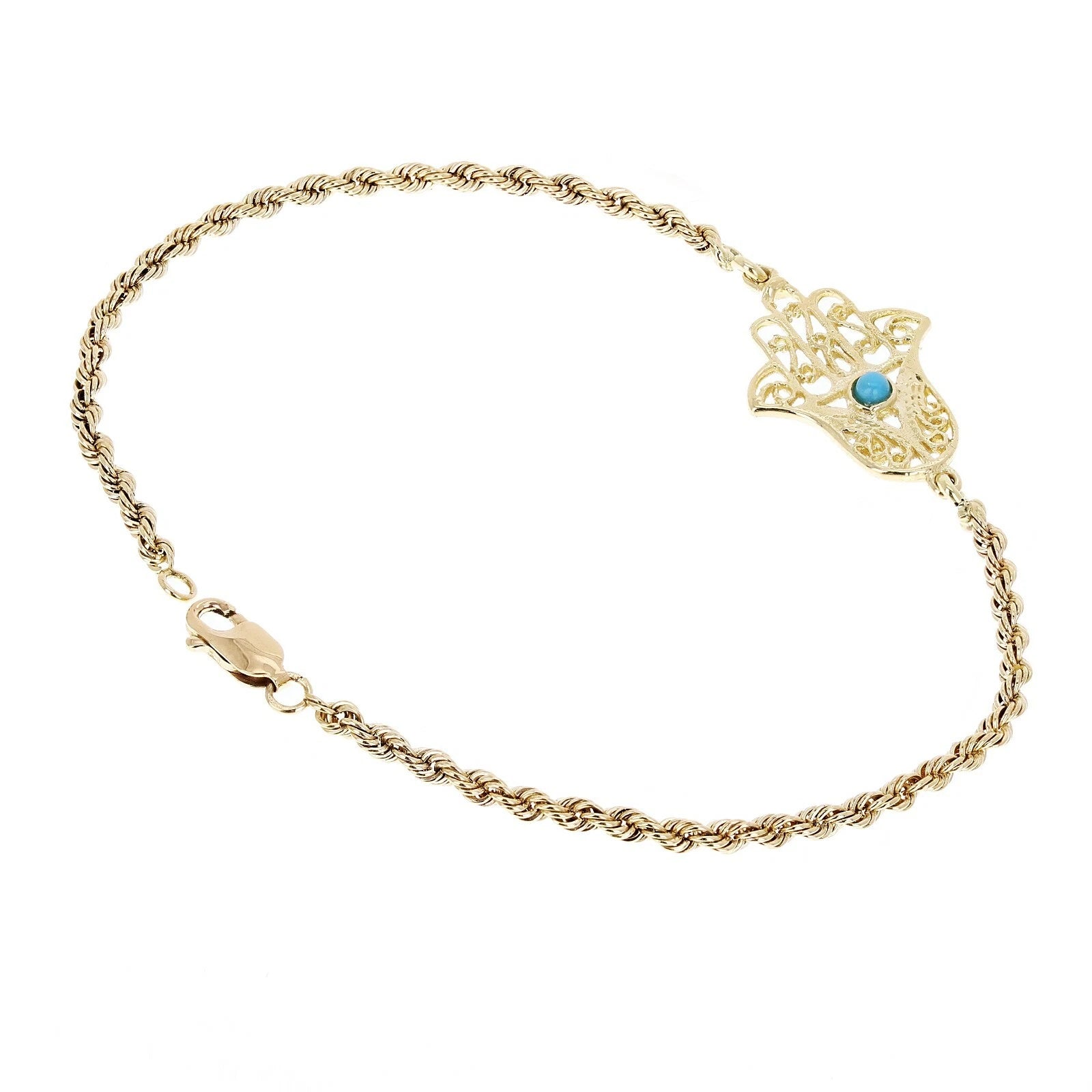 14k Yellow Gold Rope Chain Bracelet with Hamsa Hand of Fatima Charm 8" 5.4 grams