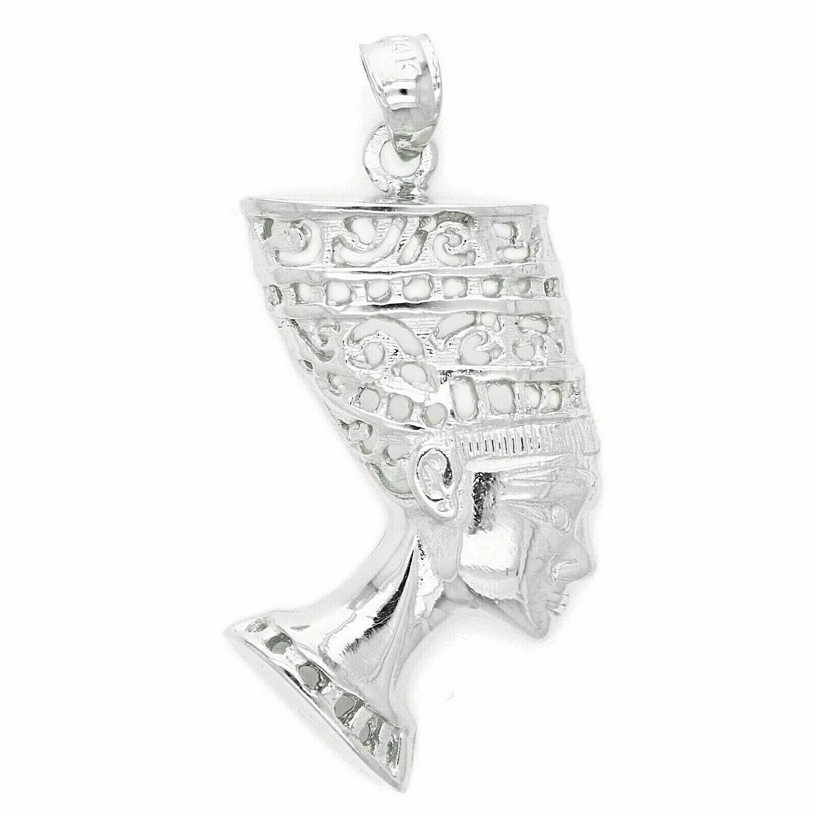 14k White Gold Solid Egyptian Nefertiti Charm Pendant 1.45" 4.4 grams