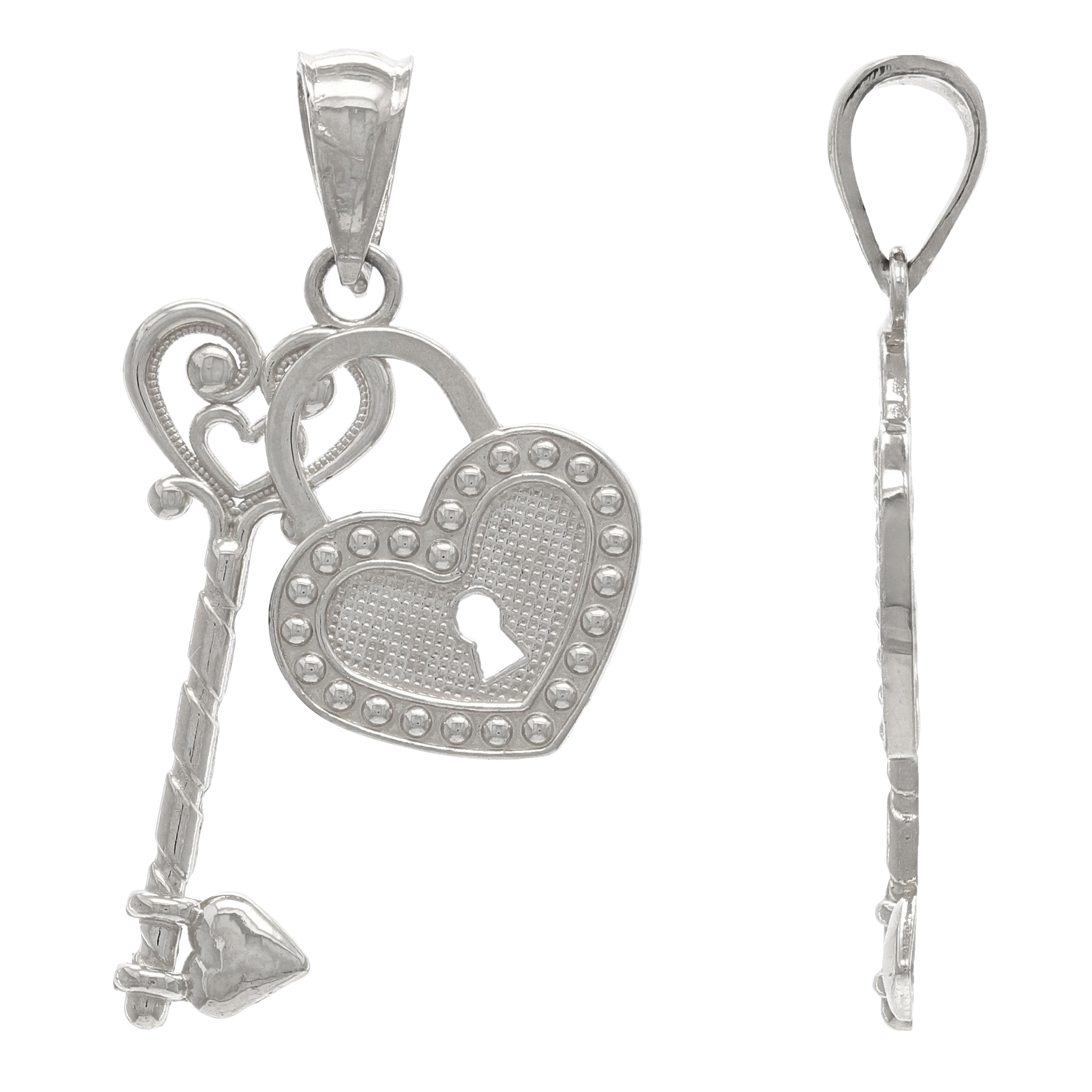 14k Yellow White or Rose Gold Key To My Heart Lock and Key Double Charm Pendant