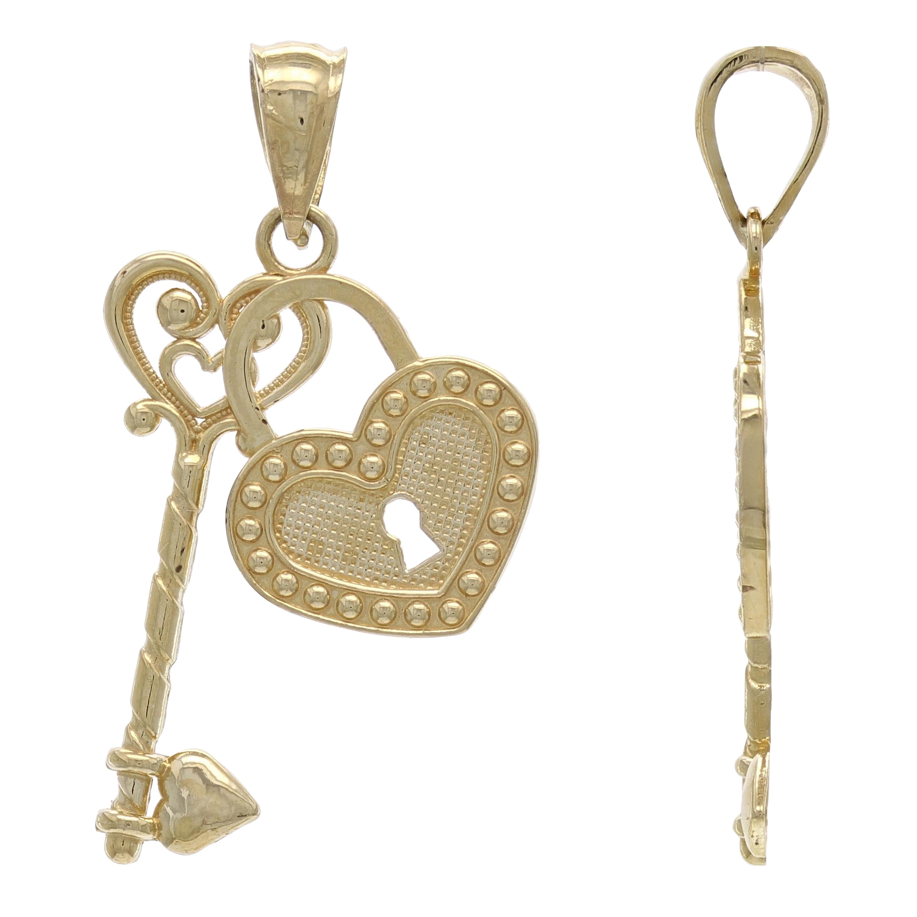 14k Yellow White or Rose Gold Key To My Heart Lock and Key Double Charm Pendant