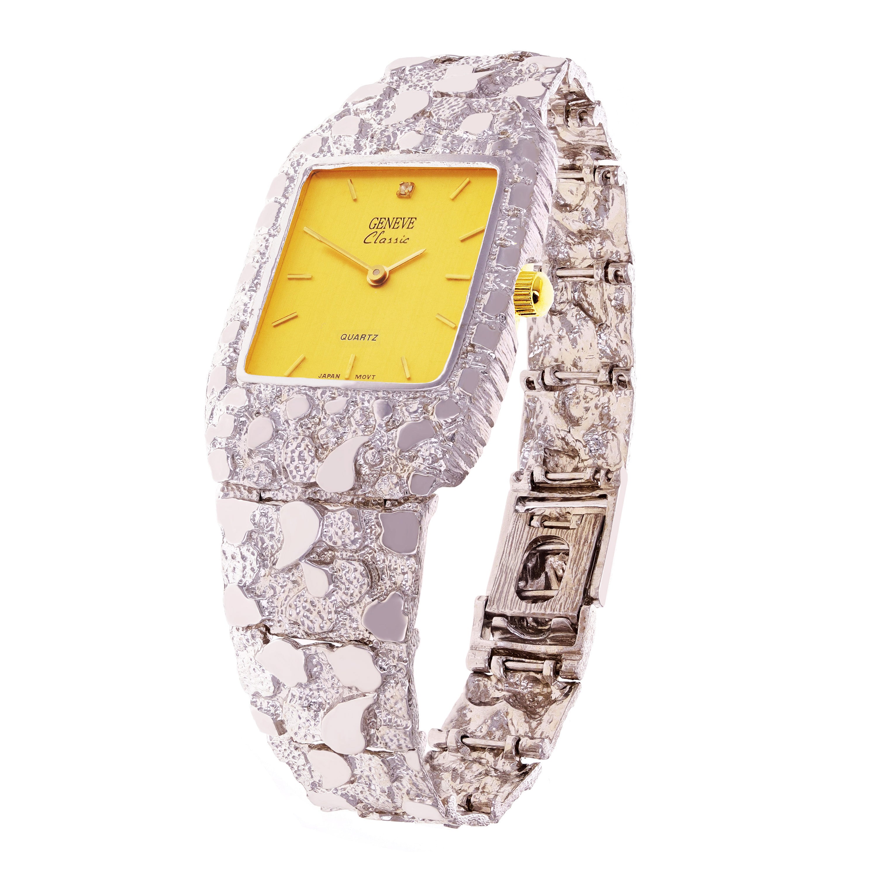 925 Sterling Silver Nugget Link Bracelet Geneve with Diamond Watch 8-8.5" 50 grams