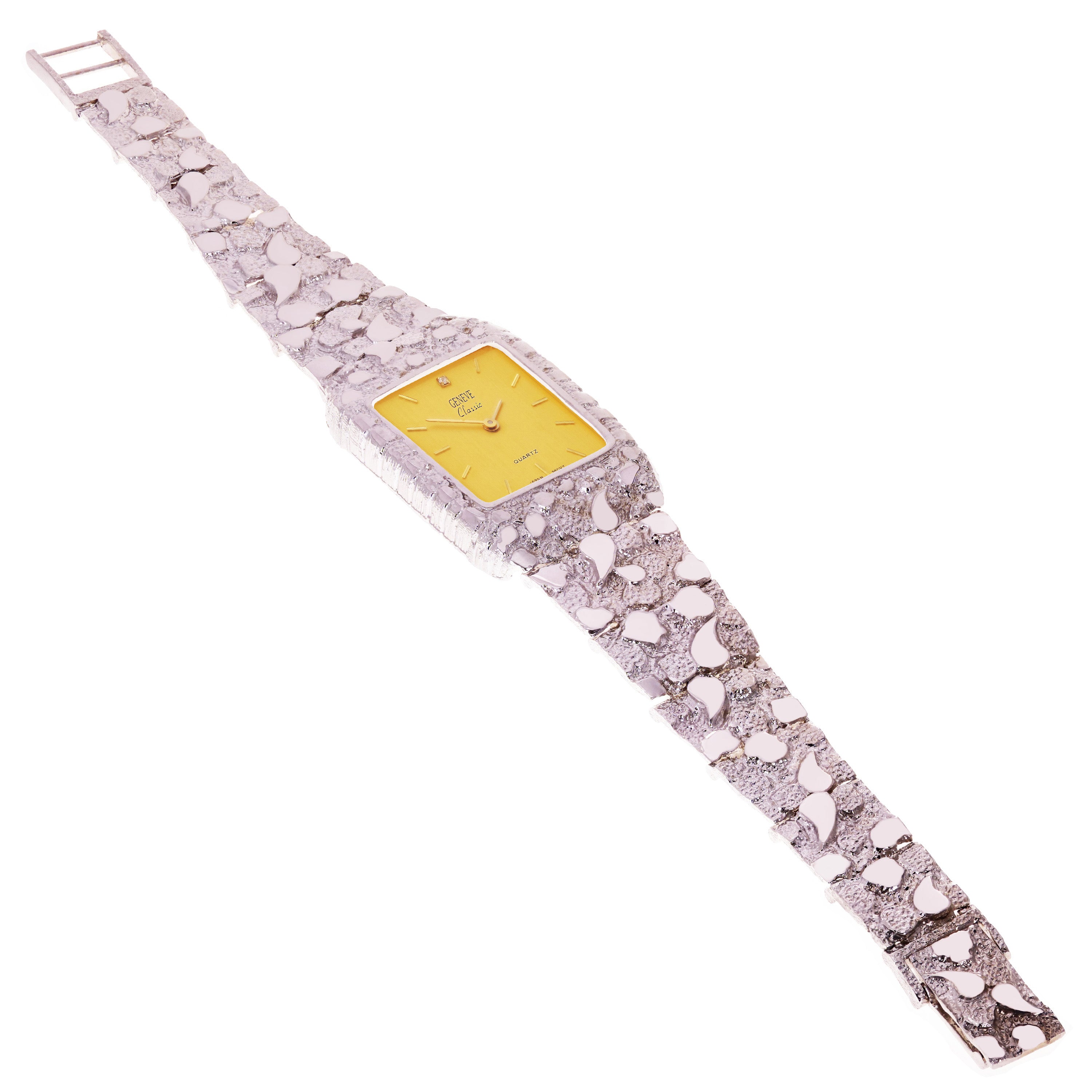 925 Sterling Silver Nugget Link Bracelet Geneve with Diamond Watch 8-8.5" 50 grams