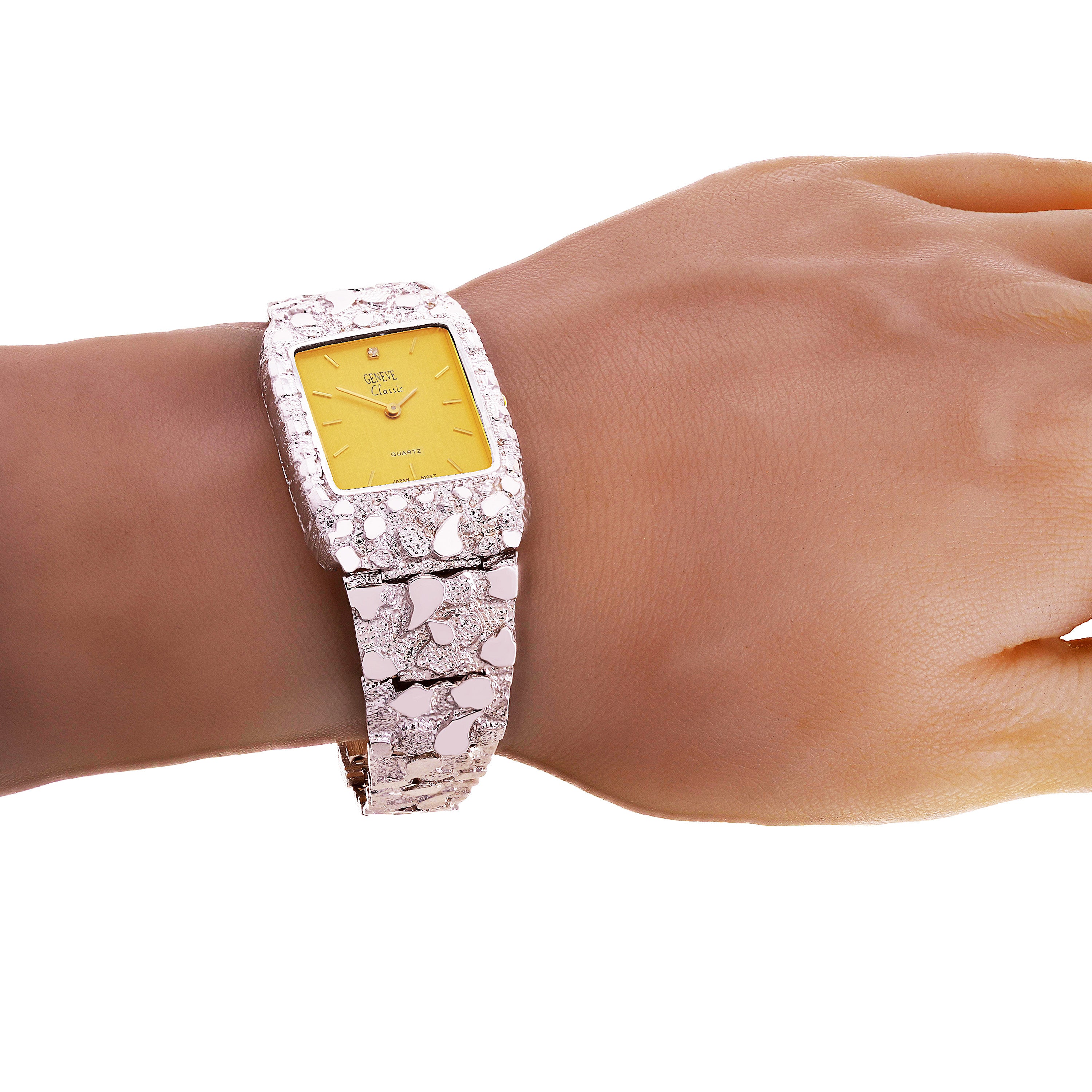 925 Sterling Silver Nugget Link Bracelet Geneve with Diamond Watch 8-8.5" 50 grams