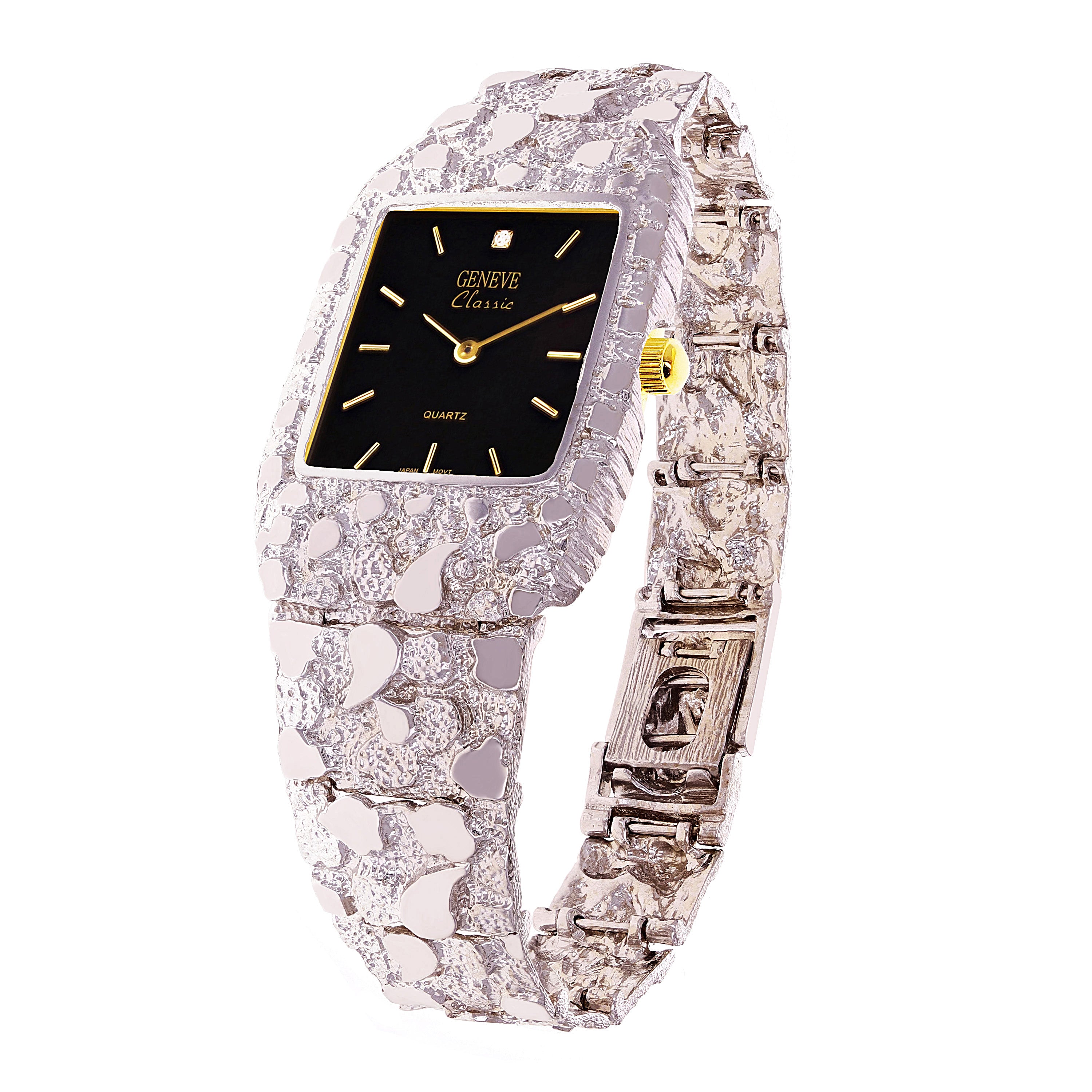925 Sterling Silver Nugget Link Bracelet Geneve with Diamond Watch 7-7.5" 44 grams