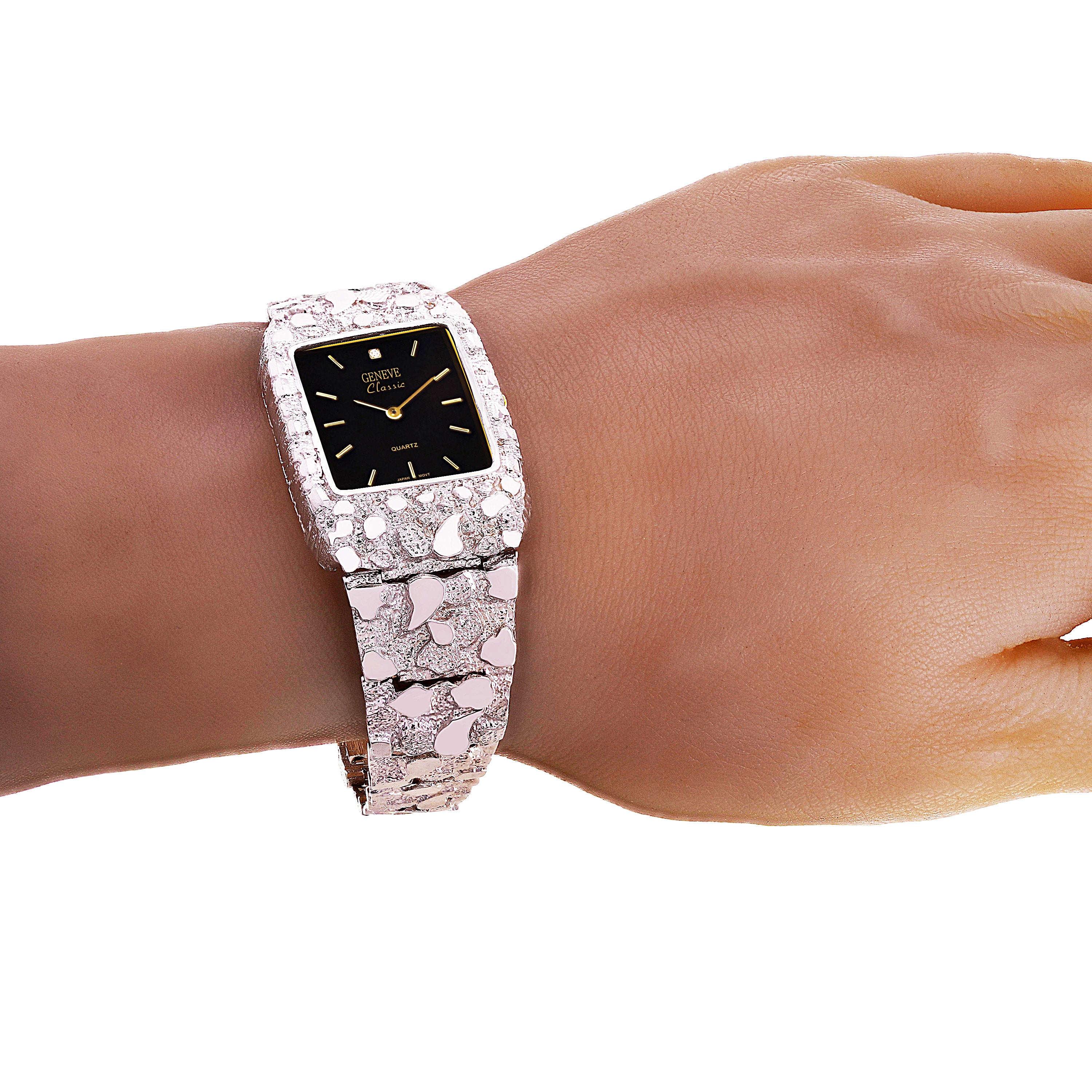 925 Sterling Silver Nugget Link Bracelet Geneve with Diamond Watch 7-7.5" 44 grams