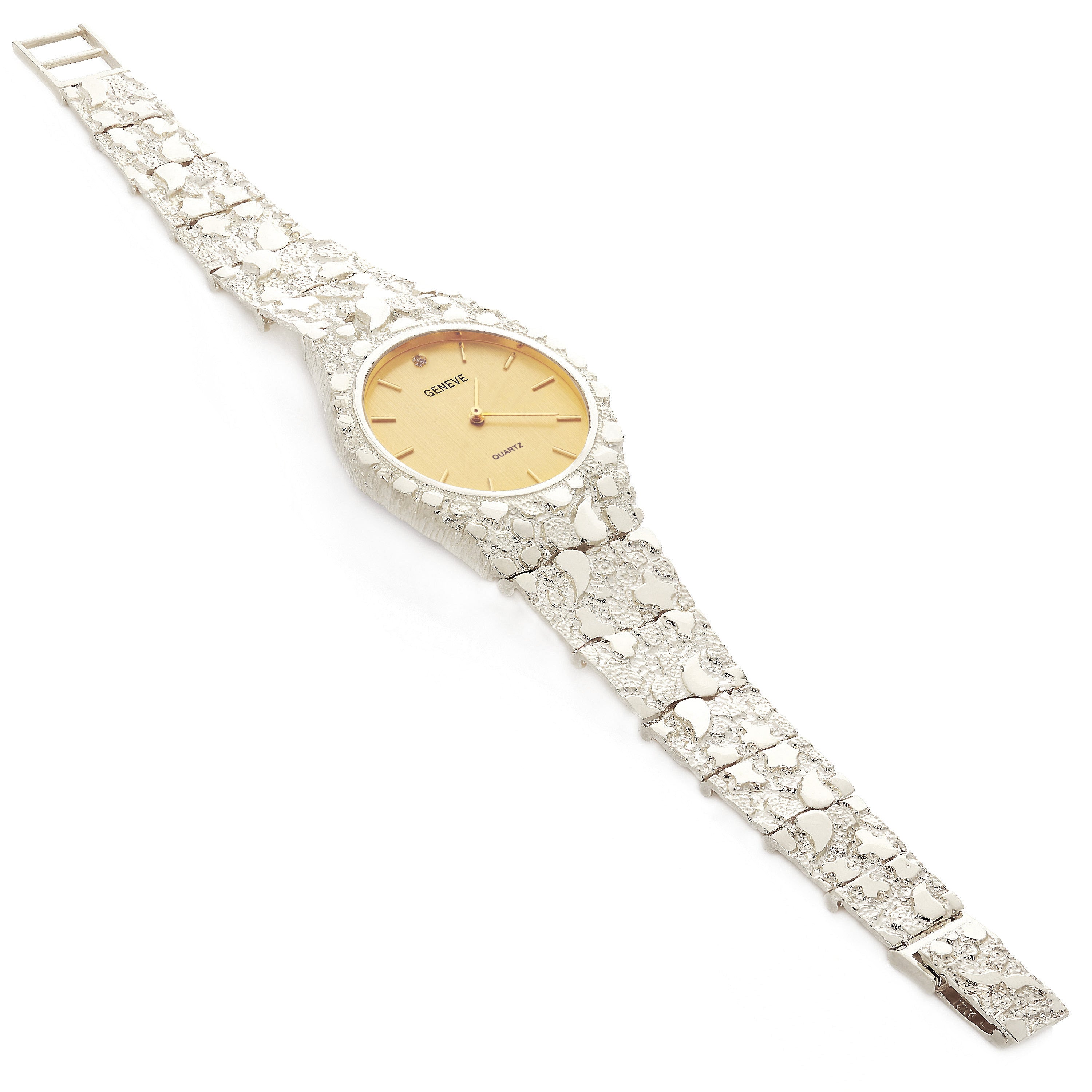 925 Sterling Silver Nugget Band Wrist Watch Geneve Watch with Diamond 7" 42 grams