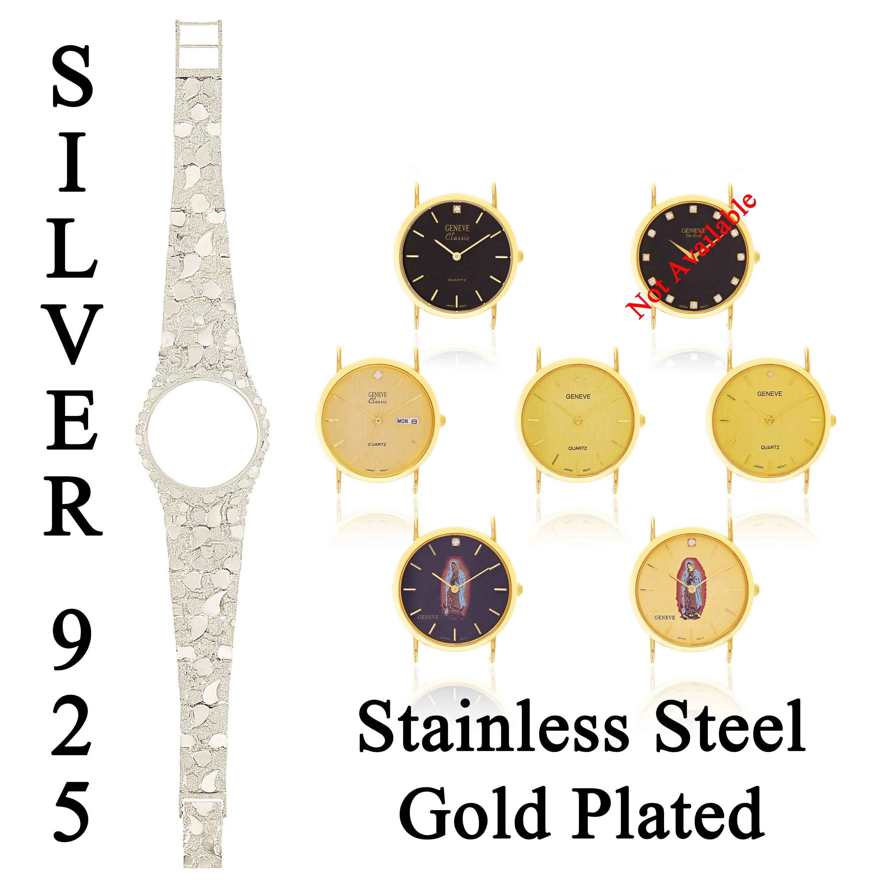 925 Sterling Silver Nugget Band Wrist Watch Geneve Watch with Diamond 7" 42 grams