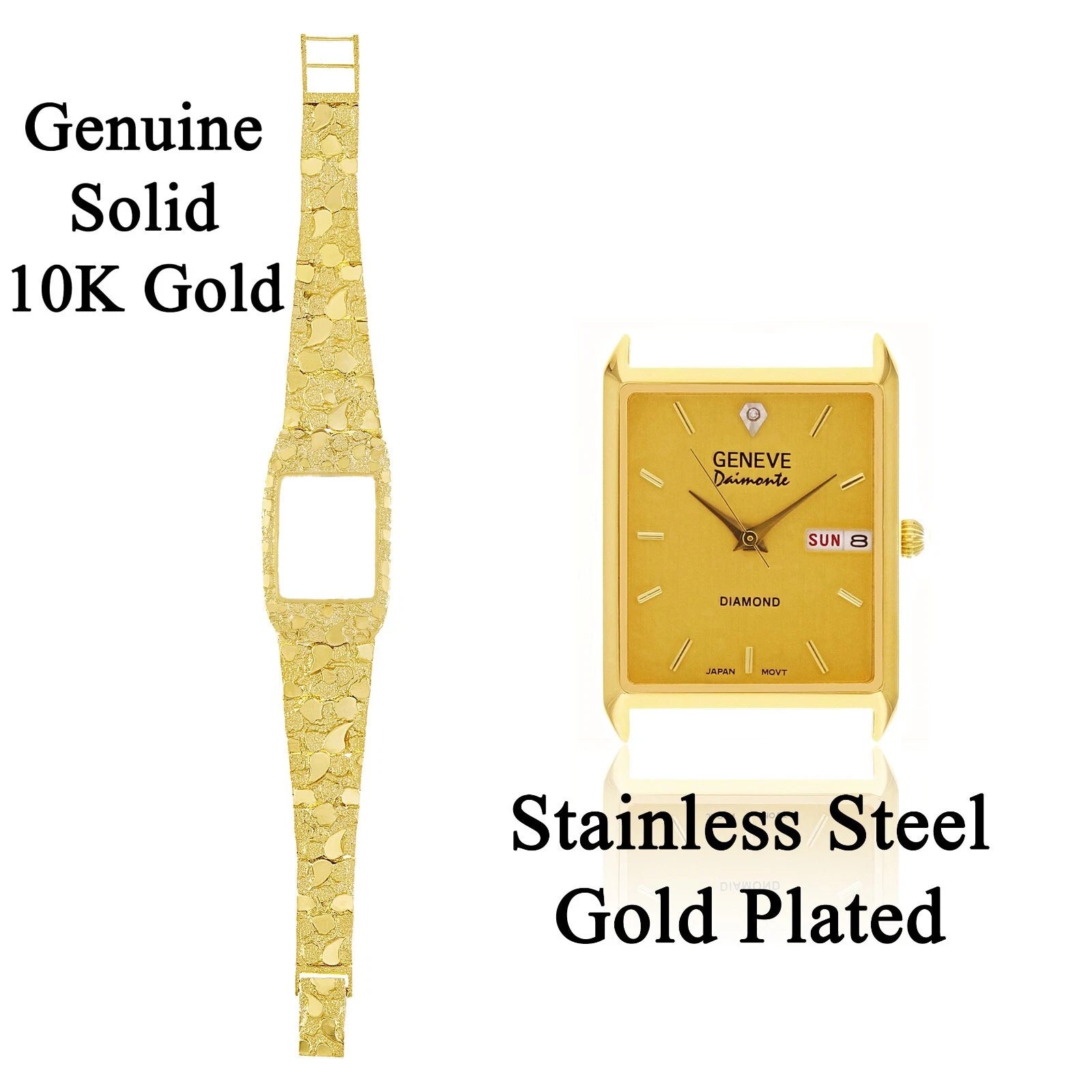 10k Yellow Gold Nugget Wrist Watch Bracelet Link Geneve with diamond 8-8.5" 52 grams