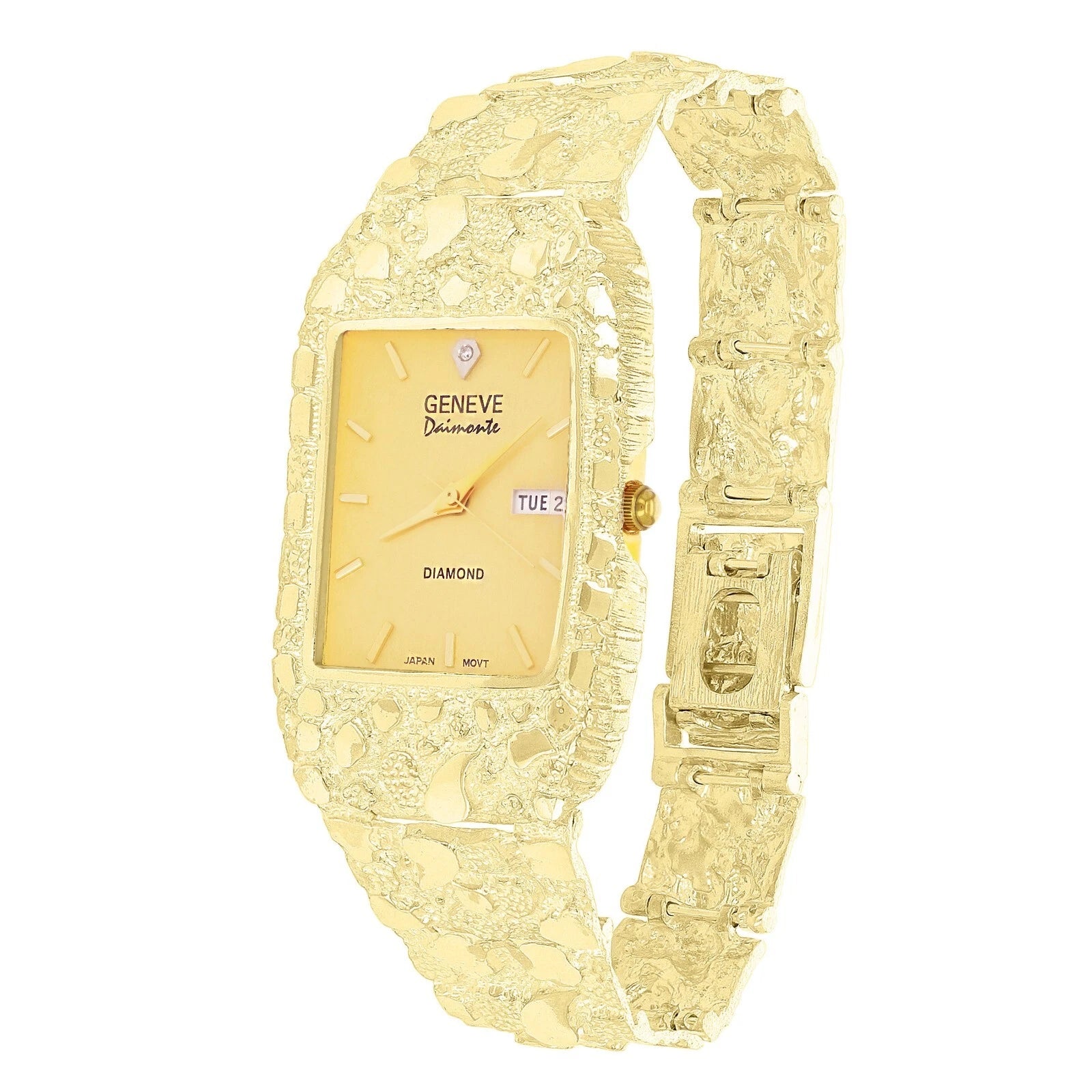 10k Yellow Gold Nugget Wrist Watch Bracelet Link Geneve with diamond 8-8.5" 52 grams