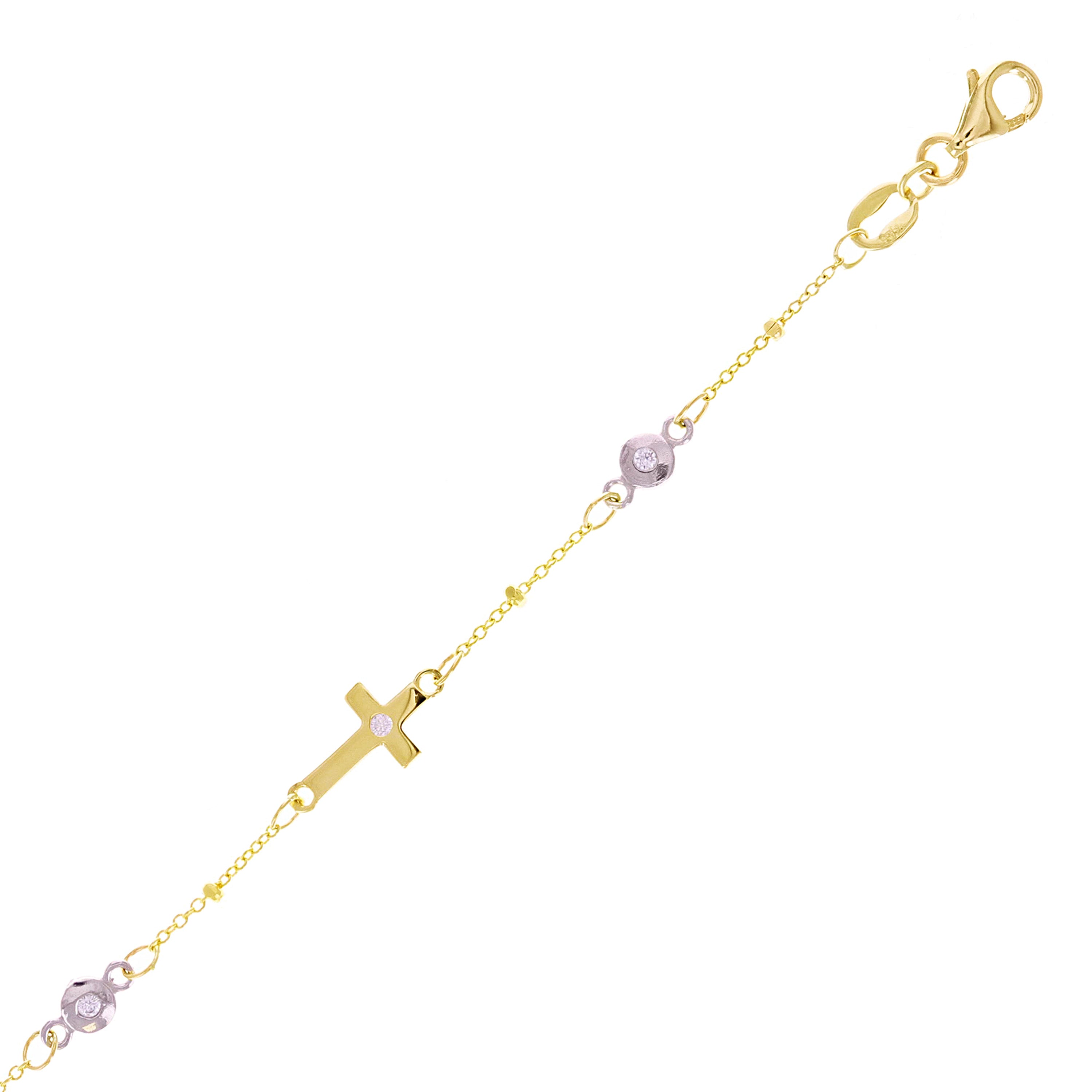 Italian 14k Two-Tone Gold Round & Sideways Cross Charm Bracelet 7" 2 grams