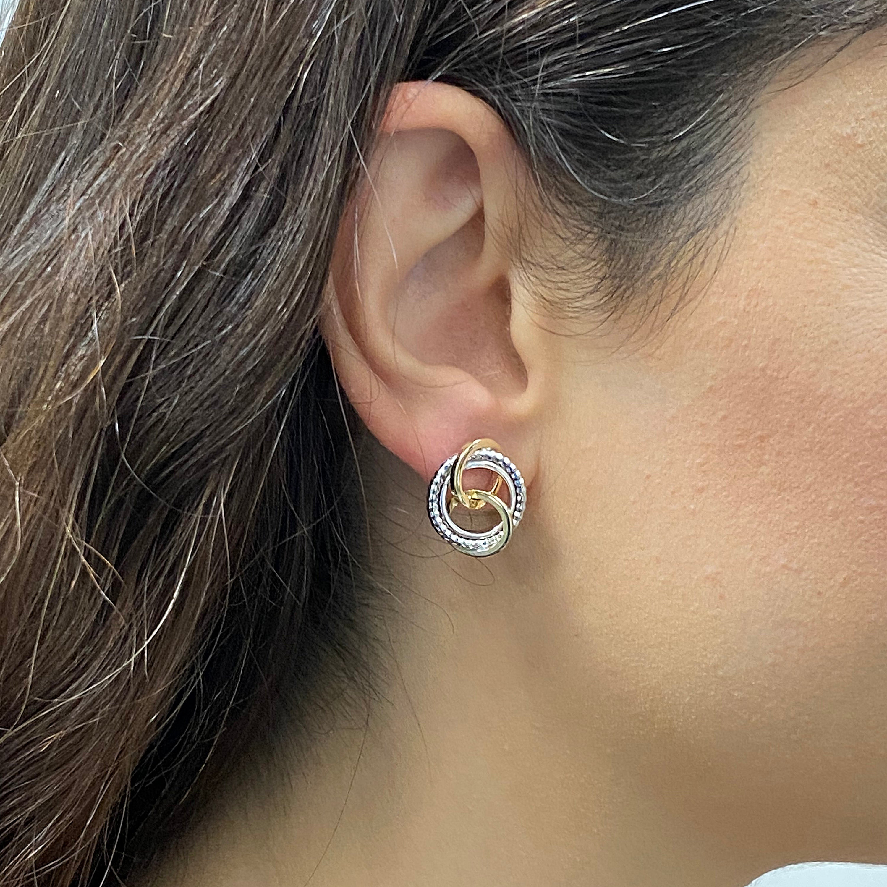 Italian 14k Yellow & White Gold Multiple Textured Love Knot Drop Stud Earrings - Textured Love Knot Drop