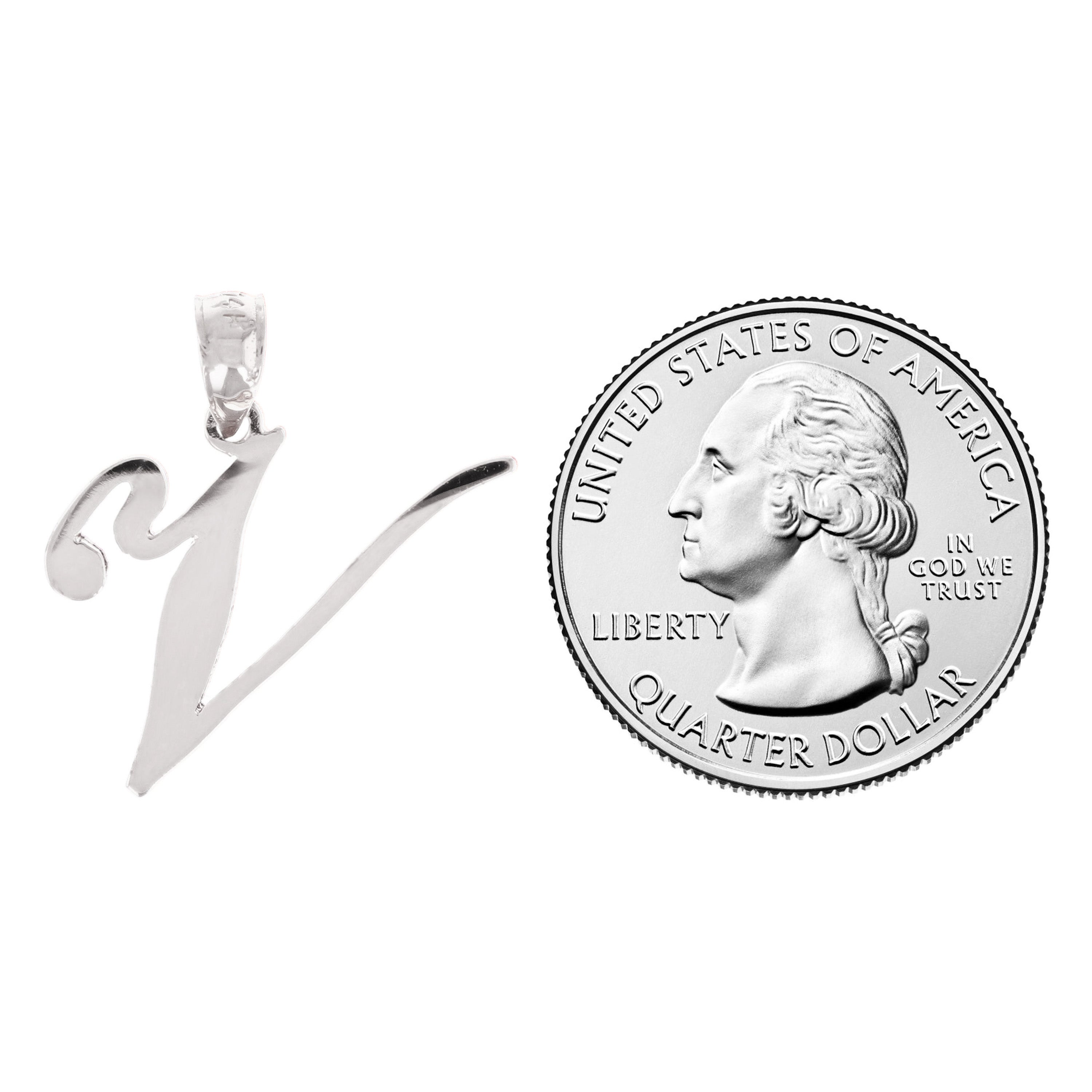 14k White Gold Initial Letter V Alphabet Charm Pendant - Letter V,White