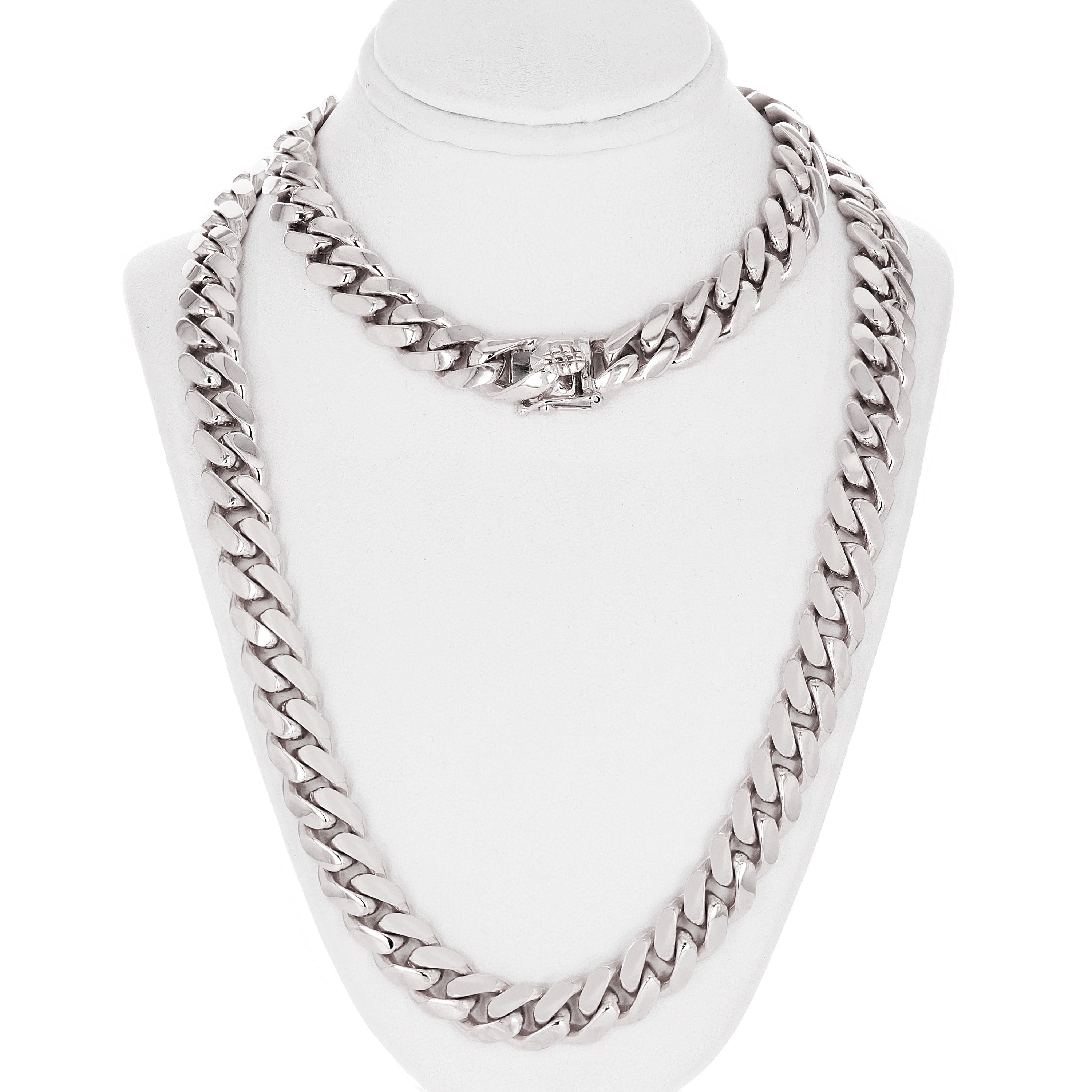 14k White Gold Solid Heavy Miami Cuban Chain Link Necklace 30" 10 mm 215 grams with Box Clasp - White,30"