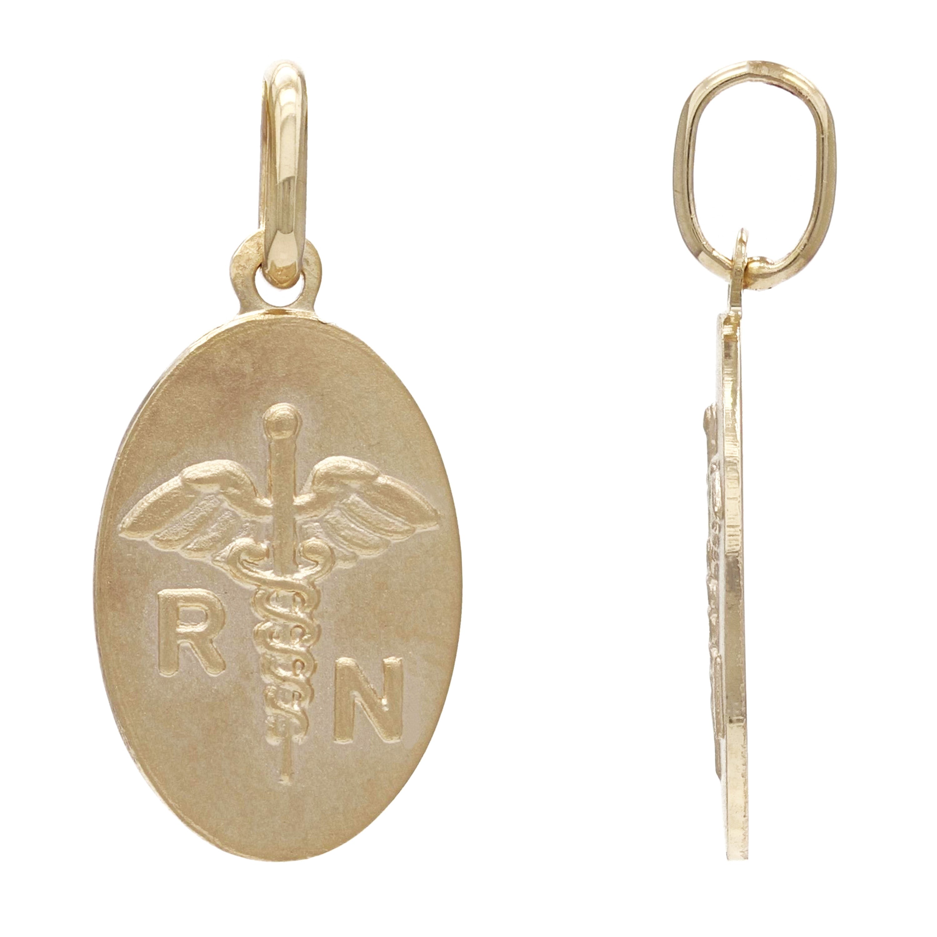 14k Yellow Gold Embossed Registered Nurse Symbol Oval Medal Pendant 1.6 grams