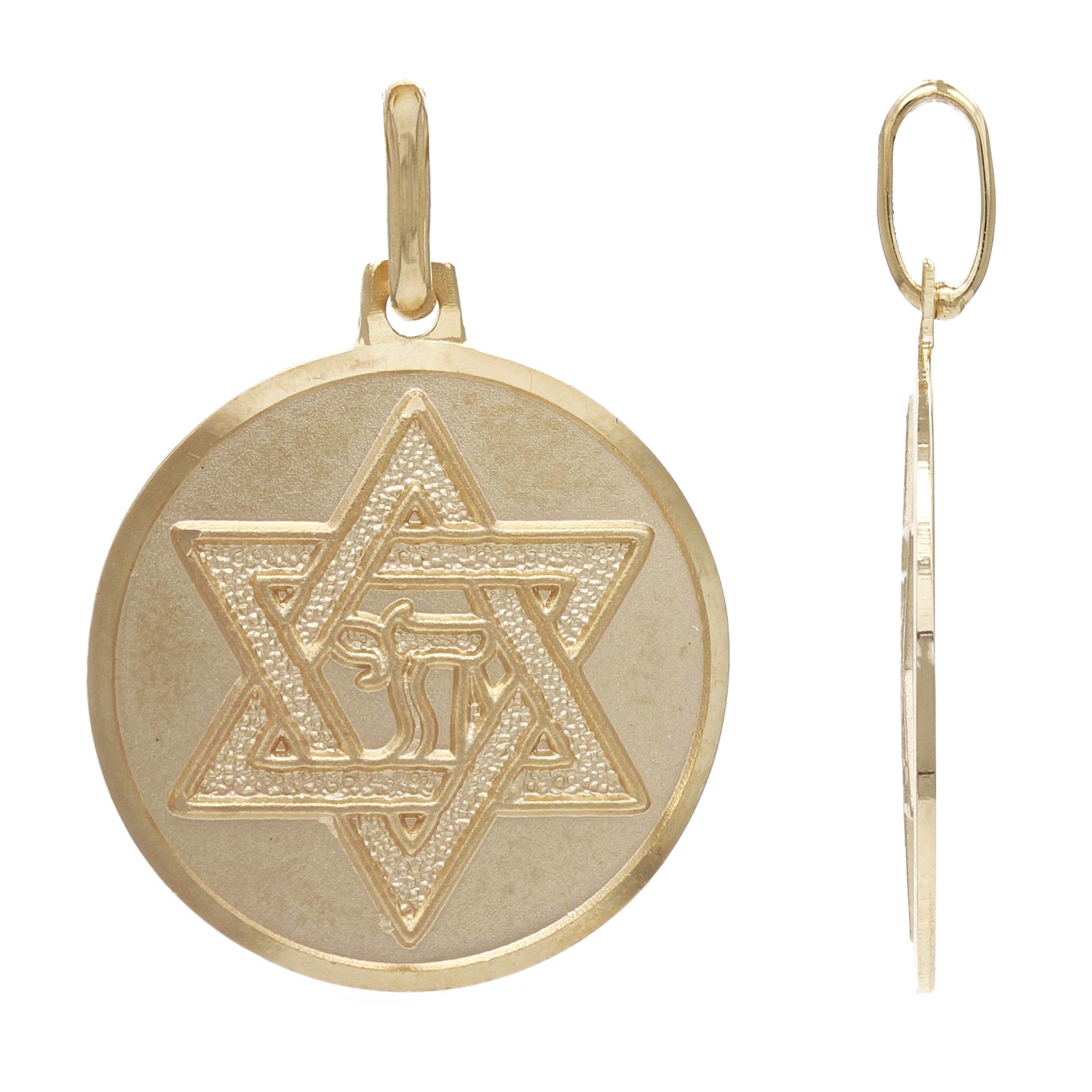 14k Yellow Gold Embossed Star of David with Chai Symbol Round Medallion Pendant