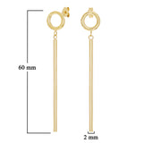 Italian 14k Yellow Gold Round & Tube Bar Dangle Drop Earrings 2.4" 2mm 1.6 grams