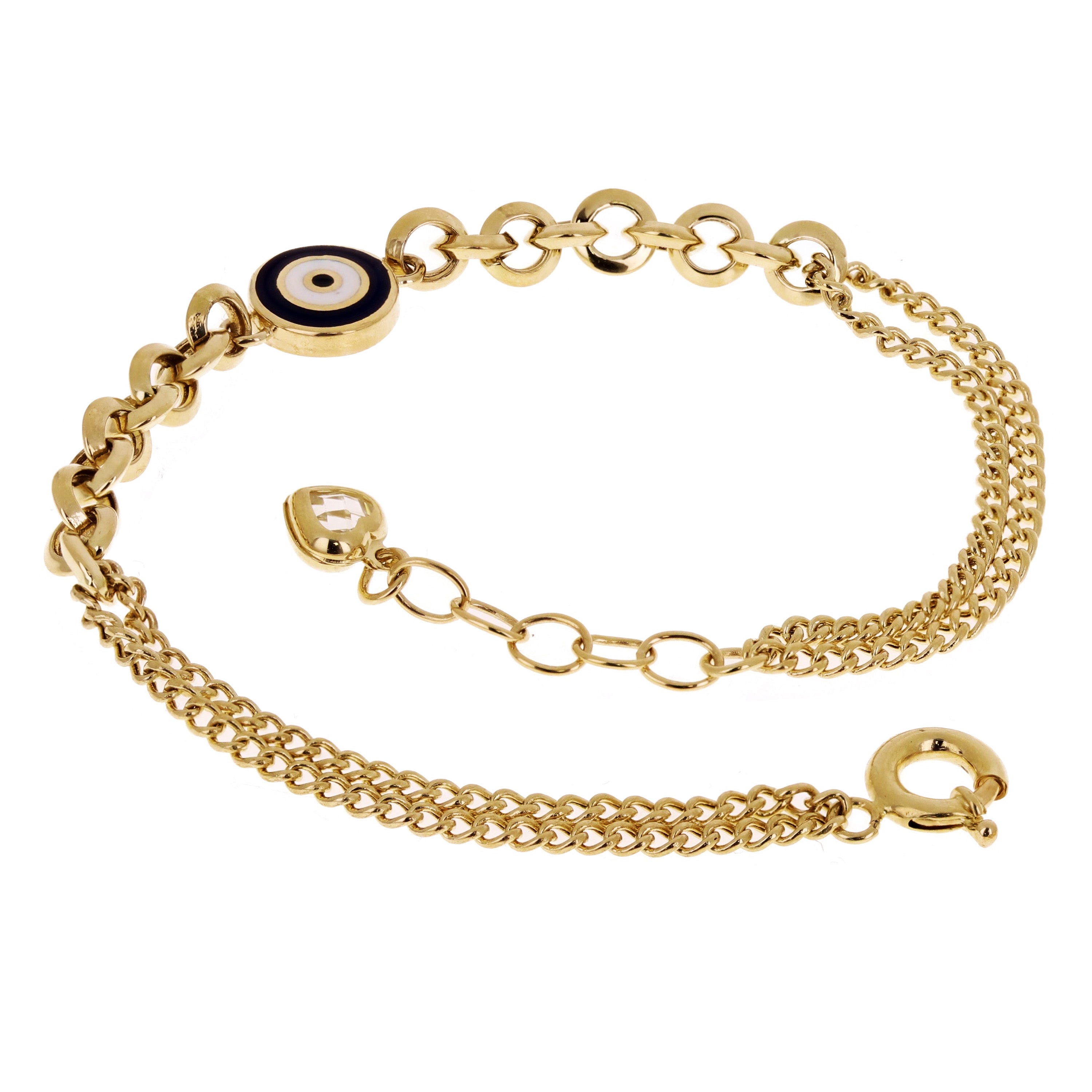 Italian 14k Yellow Gold Double Cuban Chain Evil Eye Charm Bracelet 7.5" 4.3grams